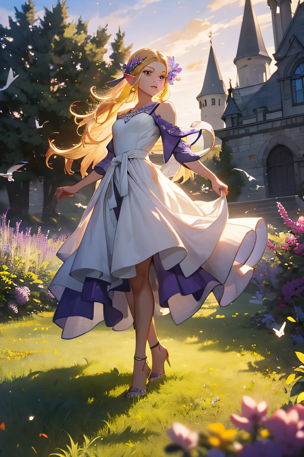 beautiful woman with long blonde hair slightly reddish and white dress with long purple layered, zelda, princess zelda, elf, extremely detailed with many elegant details, posing in front of a castle in the middle of a nice flat, beautiful day, flying birds,fine details. cushart krenz key art, shadowverse style, cg, sexy, extremely detailed, hair ornament, adult, 30 years, yummy, masterpiece. best quality, high heels, lilac eyes, extremely defined body, thick waist, dynamic lights and shadows, yellow trees, protagonist, hereoine, alone in image, many intricate details, late afternoon, flowers flying across landscape, sunset, imposing body