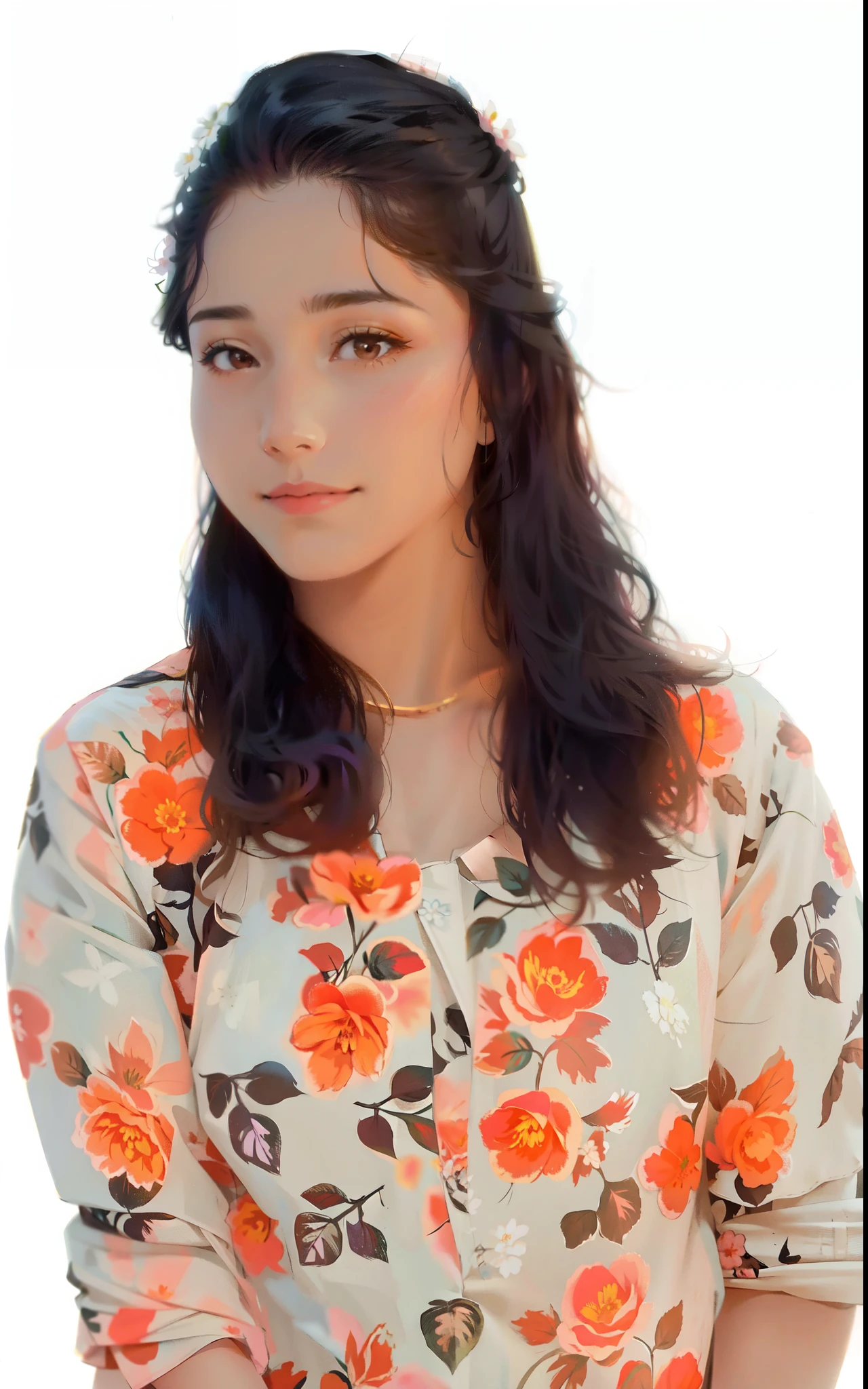 a close up of a woman with long hair and a flowered shirt, centre image, photo of young woman, around 1 9 years old, extremely graphic, portait image, old picture, photo taken in 2 0 2 0, nivanh chanthara, landscape