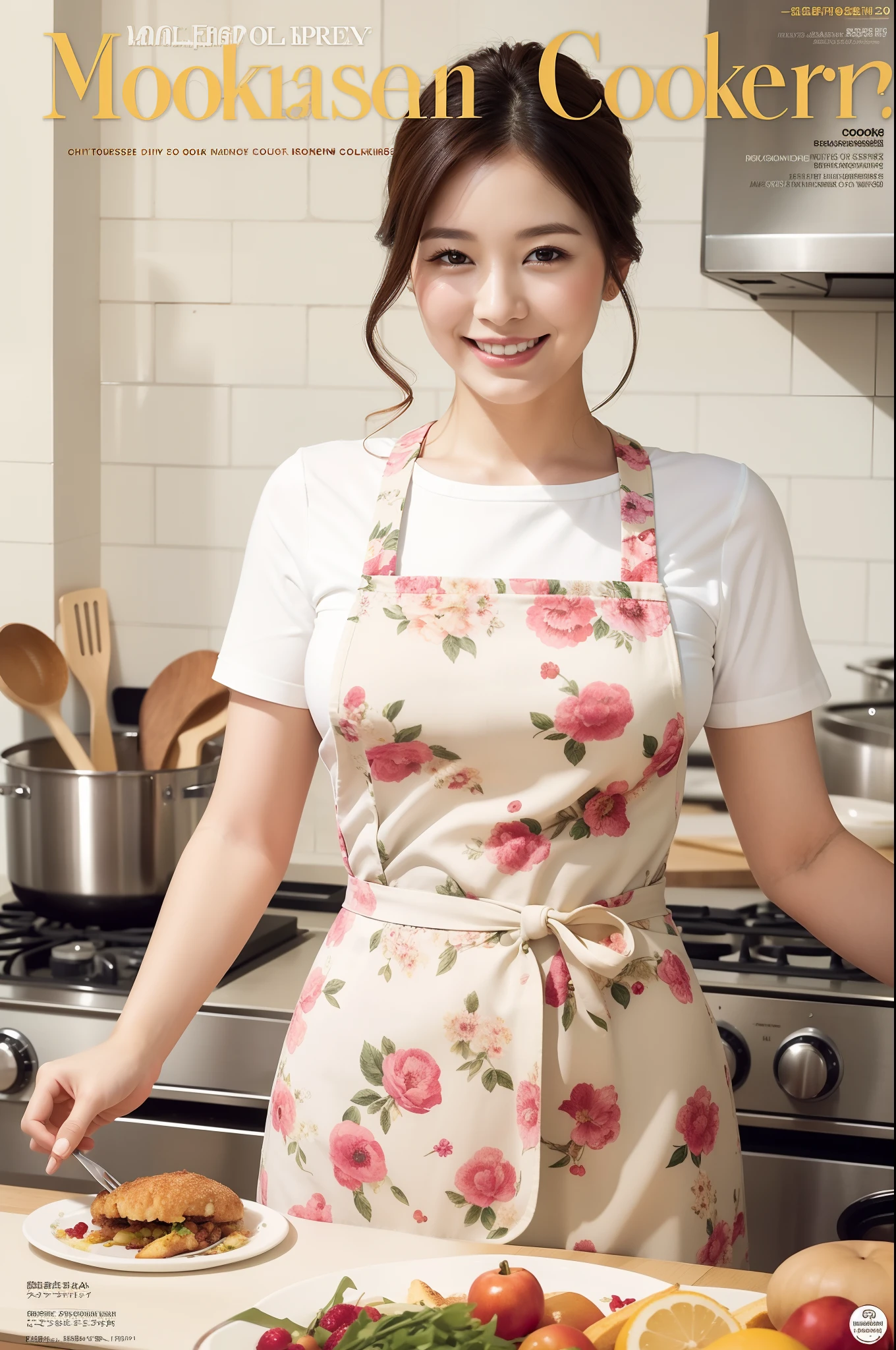 (Best Quality, Masterpiece), Front cover of a women's cooking magazine, 1girl, 30 years old, stunning, cute, heartwarming smile, hourglass figure, wearing floral dress, pinny apron, beautiful food, text, diagrams, advertisements, magazine title