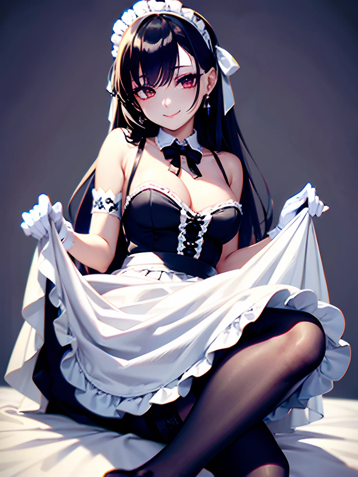 Painted with smoky makeup,eye shadows,Maid maiden,Smooth hair,Wear hair accessories and earrings,Sweet smiling。Her maid skirt,Feet are wearing white stockings,Wear lace gloves。The scene is random,Full upper body nudity。