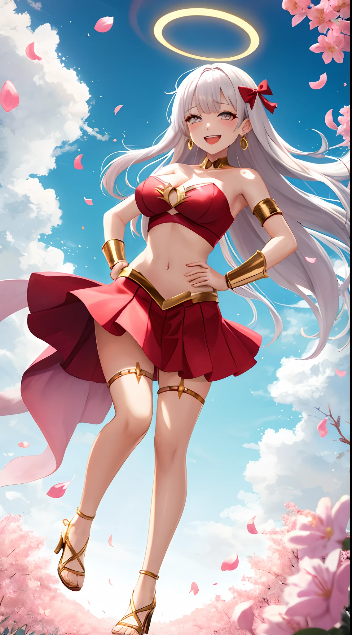 (superheroine), (flying gracefully), matou sakura, Tan skin, halo, white long Bob hair, full body, hair ribbon, pink strapless top, mini skirt, navel, gold armlet, gold high heels, evil smile, Sassy, smirk, hand on hip, earring, flower petals, looking at viewer, sky setting, (huge Laughing:1.1), (open mouth:1.1), (wide open eyes:1.2)