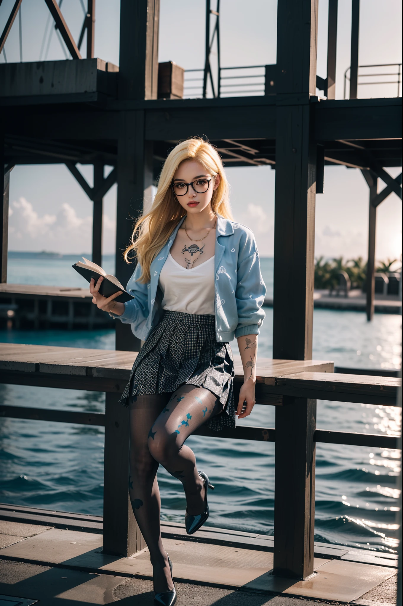(full body:1.5),(((only one girl)):1.4),(view the viewer:1.4),((anatomy correct):1.45),(((Sitting by the Maldives Sea, Perfectly integrated background))):1.3),(she wears large glasses and Holding book in her hand:1.2),(shy:1.15),((sailor suit pleated skirt's set):1.2),(((((((patterns)))))) ,((thick pantyhose)):1.3),(((tattoo)):1.3),( Uniform high heels leather shoes with bows for female students:1.1),((Long legs and large chest):1.3),((((colorful))):1.3),(Accurate and perfect face:1.3),((blonde):1.2),hyper HD, Ray traching, reflective light, structurally correct, Award-Awarded, high detail, lighten shade contrast, Face lighting ,cinematic lighting, masterpiece, super detailing, high quality, high detail, best quality, 16k,High contrast,