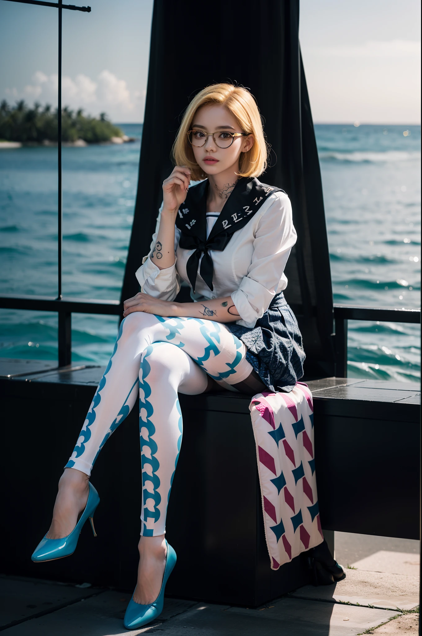 (full body:1.5),(((only one girl)):1.4),(view the viewer:1.4),((anatomy correct):1.45),(((Sitting by the Maldives Sea, Perfectly integrated background))):1.3),(she wears large glasses and Holding book in her hand:1.2),(shy:1.15),((sailor suit pleated skirt's set):1.2),(((((((patterns)))))) ,((thick pantyhose)):1.3),(((tattoo)):1.3),( Uniform high heels leather shoes with bows for female students:1.1),((Long legs and large chest):1.3),((((colorful))):1.3),(Accurate and perfect face:1.3),((blonde):1.2),hyper HD, Ray traching, reflective light, structurally correct, Award-Awarded, high detail, lighten shade contrast, Face lighting ,cinematic lighting, masterpiece, super detailing, high quality, high detail, best quality, 16k,High contrast,