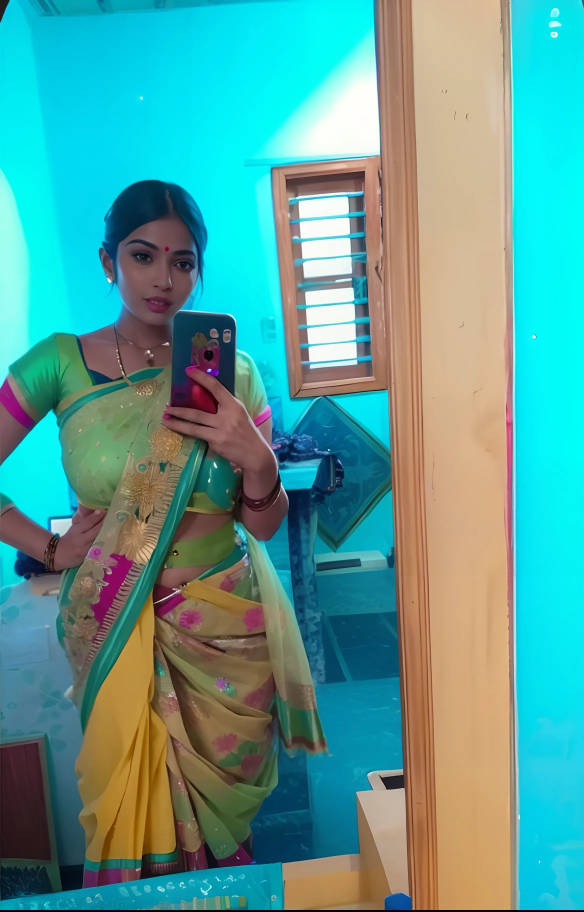 a woman in a sari posing for a picture, indian goddess, traditional beauty, indian, beautiful goddess, ornate cosplay, indian style, indian super model, beautiful maiden, gorgeous woman, south east asian with long, provocative indian, gorgeous beautiful woman, intricate outfit, hindu aesthetic, beautiful asian girl, extremely detailed goddess shot, jaw-dropping beauty, big boobs deep cleavage sexy navel