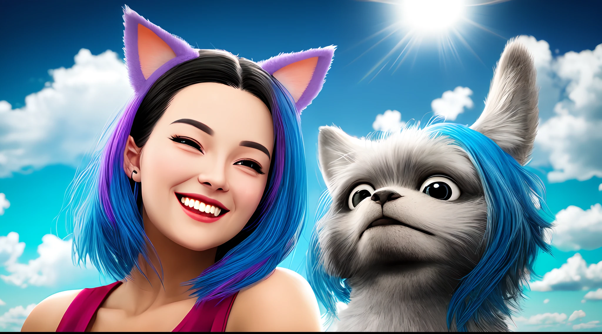 Black hair, hair bobbles, wince, long eyelasher, solid circle eyes, Fake animal ears, Light smile, Ear blush, Fang, Blue hair, surrealism, shadowing, anaglyph, stereograms, tachi-e, angle of view, Atmospheric perspective, god light, 8K, Super detail, ccurate, Best quality, Anatomically correct
