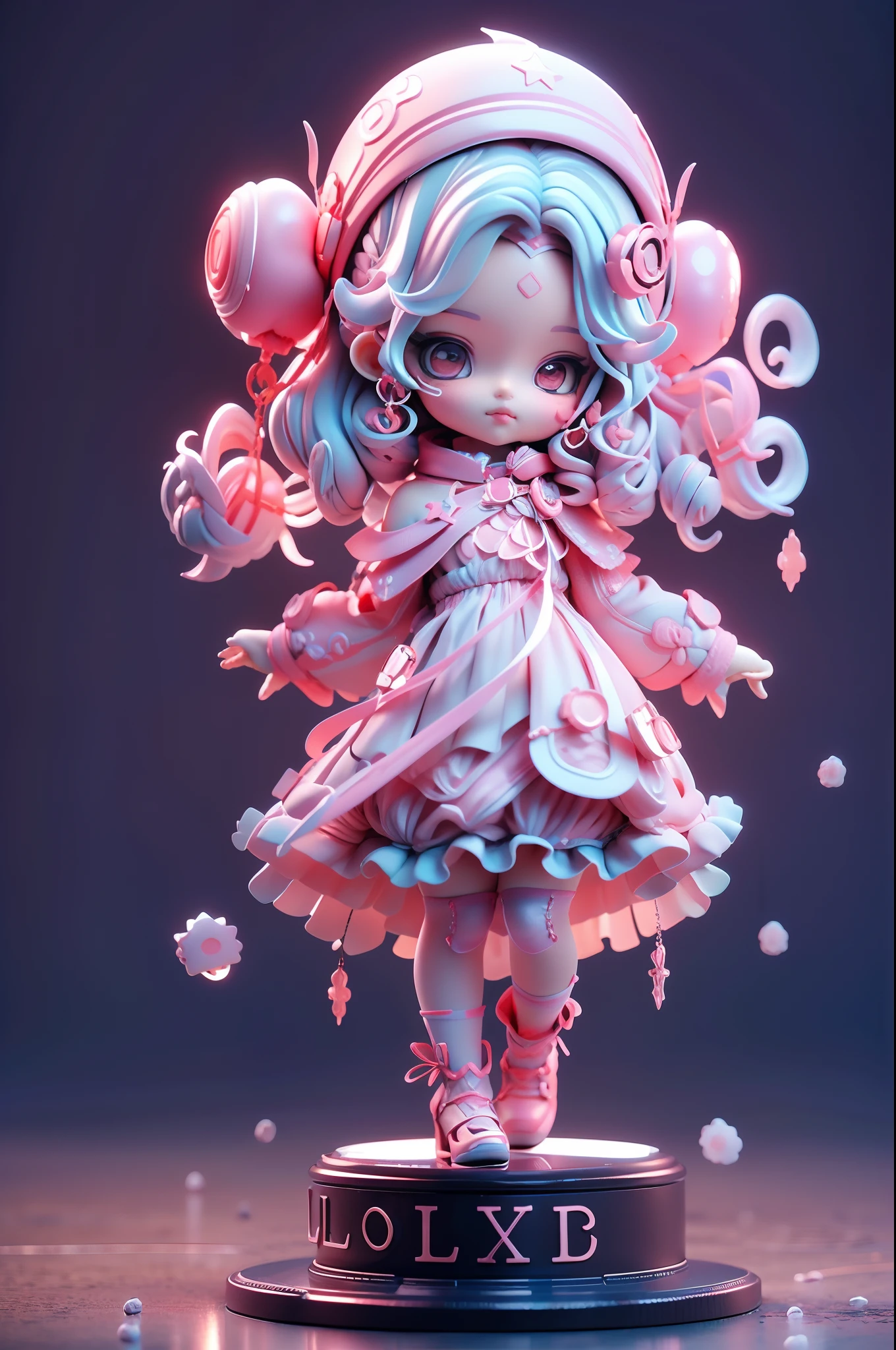 A girl with pink wavy curly hair，Wearing a ta dress，Star jewelry，Delicate face，Lolityle，（​masterpiece，Best quality），3D blind box doll，Pastel tones，Light，high detailed official artwork，Beautiful anime art, Anime fantasy illustration