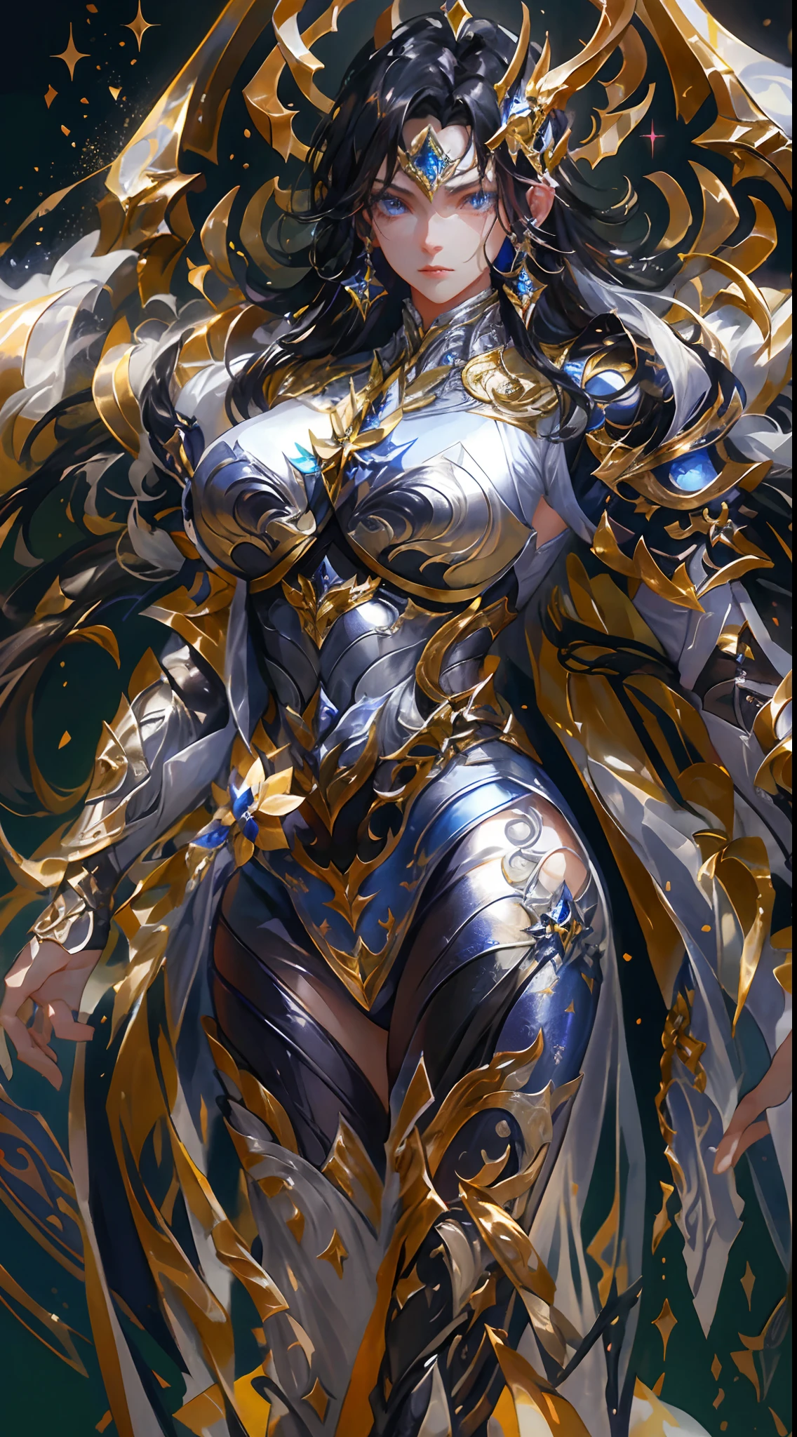 Ultra-high saturation，（tmasterpiece）， fully body photo，（best qualtiy）， （1girll）， starryskybackground，Wearing shiny gold armor， Sexy lingerie type armor，Expose your chest，Expose the waistline，Exposing thighs，cool-pose， Saint Seiya Armor， messy  hair，high detal, Anime style, Cinematic lighting, Sparkle, god light, Ray traching, filmgrain, hyper HD, textureskin, super detailing, Anatomical correct, A high resolution，Ultra-high saturation，hight contrast，High-gloss armor，Smooth skin，Serious expressions,Dark room,