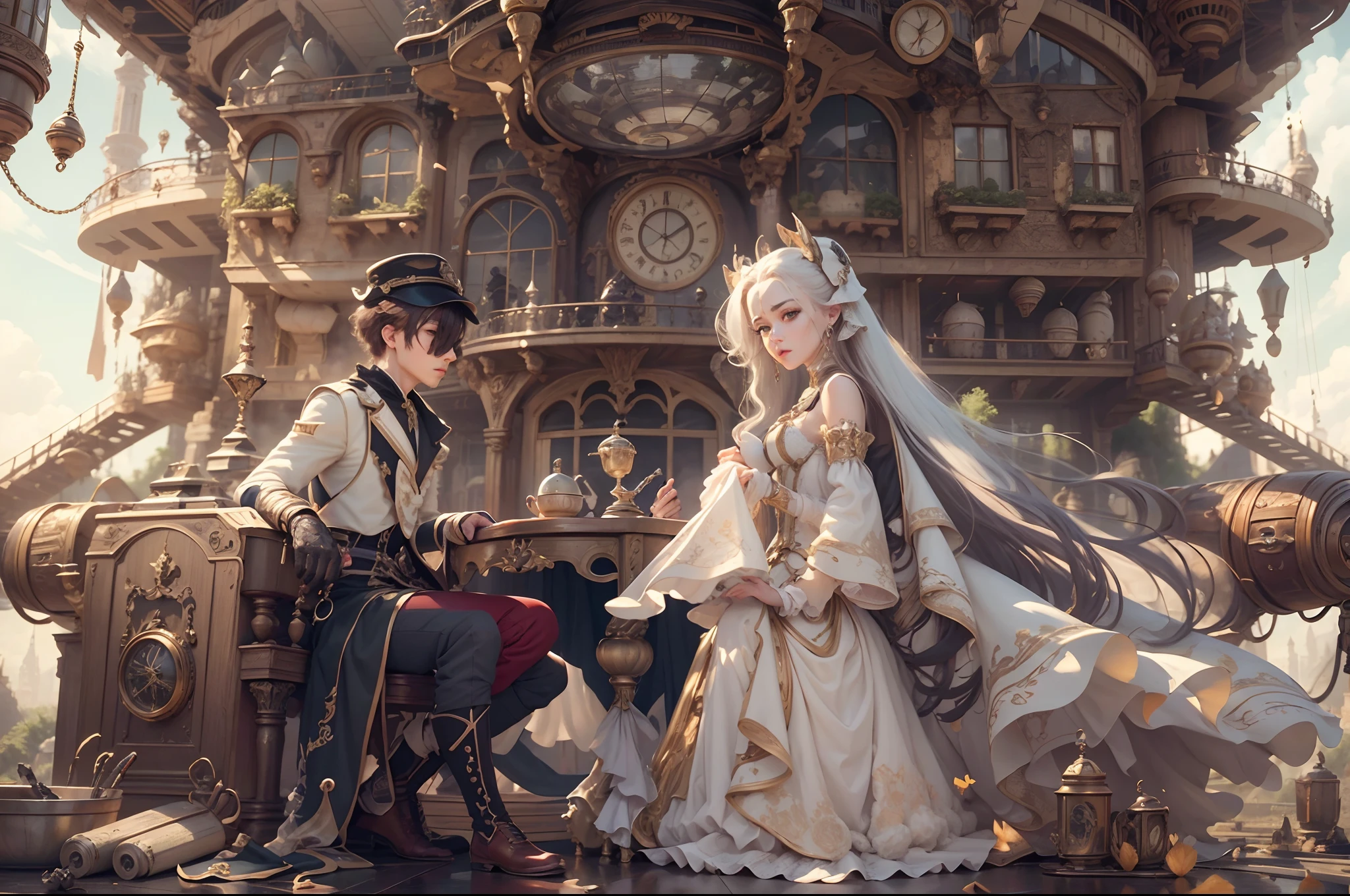 best qualtiy,tmasterpiece,超高分辨率,(realisticlying:1.4),absurderes,(1 young couple repairing an airship in the manor,(Eye focus),sface focus, Clear facial features),(koh_amberheard:0.8),1 best long shot photo of Mechanical Airship Manor,Fantasy sci-fi vehicles,hyper realisitic,Complex design,insanely details,finely detailled,IvoryGoldAI,1 couple doing business on the estate