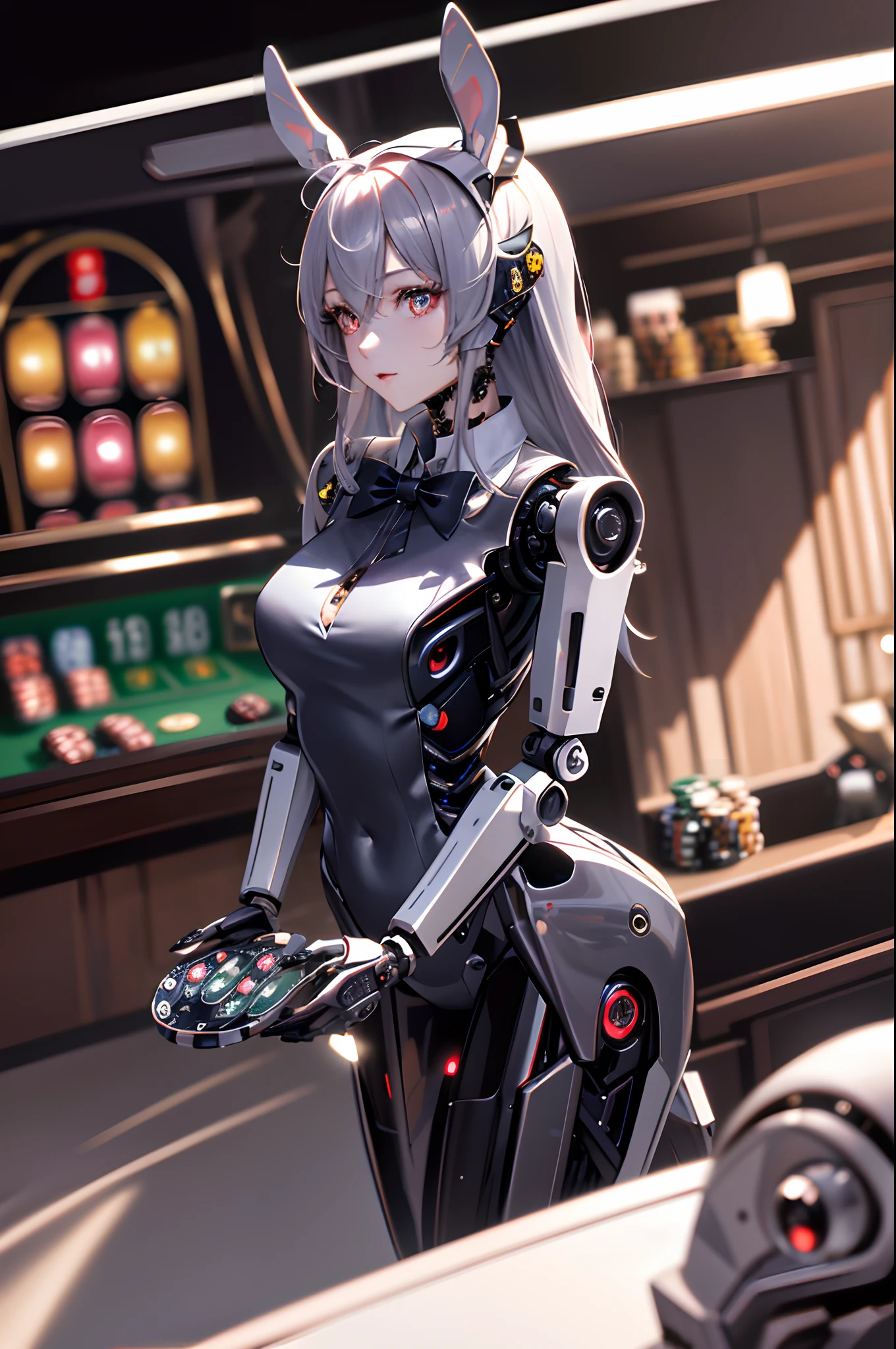 (top-quality、in 8K、32K、masterpiece、nffsw、ighly detailed、Impresionismo:1.2)、Full body, (Casino、in a house:1.4)、deep-shadows、beauitful face、blurry backround、20-year-old beauty、Machine body、(Robot Dealer:1.5),Bunny girl with glowing eyes、Because it's made of metal、a bow tie、Machine Bunny、、Metal rabbit ears、Curve、Transaction Cards