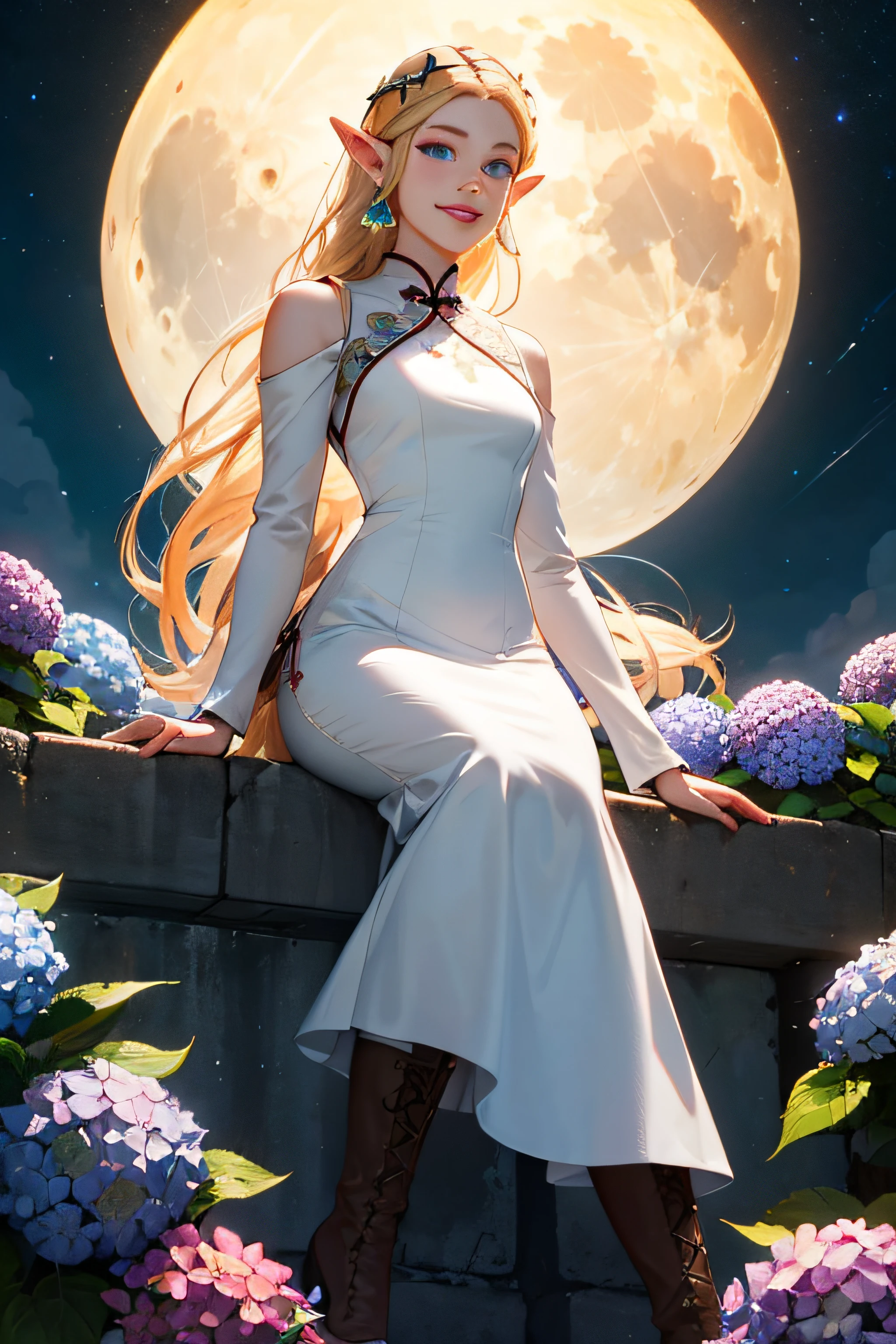 Masterpiece, best quality, night, full moon, 1 girl, mature woman, Chinese style, ancient China, elder sister, imperial sister, smile, blonde hair, princess cut, single Fried Dough Twists braid, coiled hair, double ball head, light pink lips, calm, intellectual, middle hair, green pupil, hairpin, hydrangea, zelda, princess zelda, blonde, elf, triforce, triangles, blue eyes, long white dress, brown boots