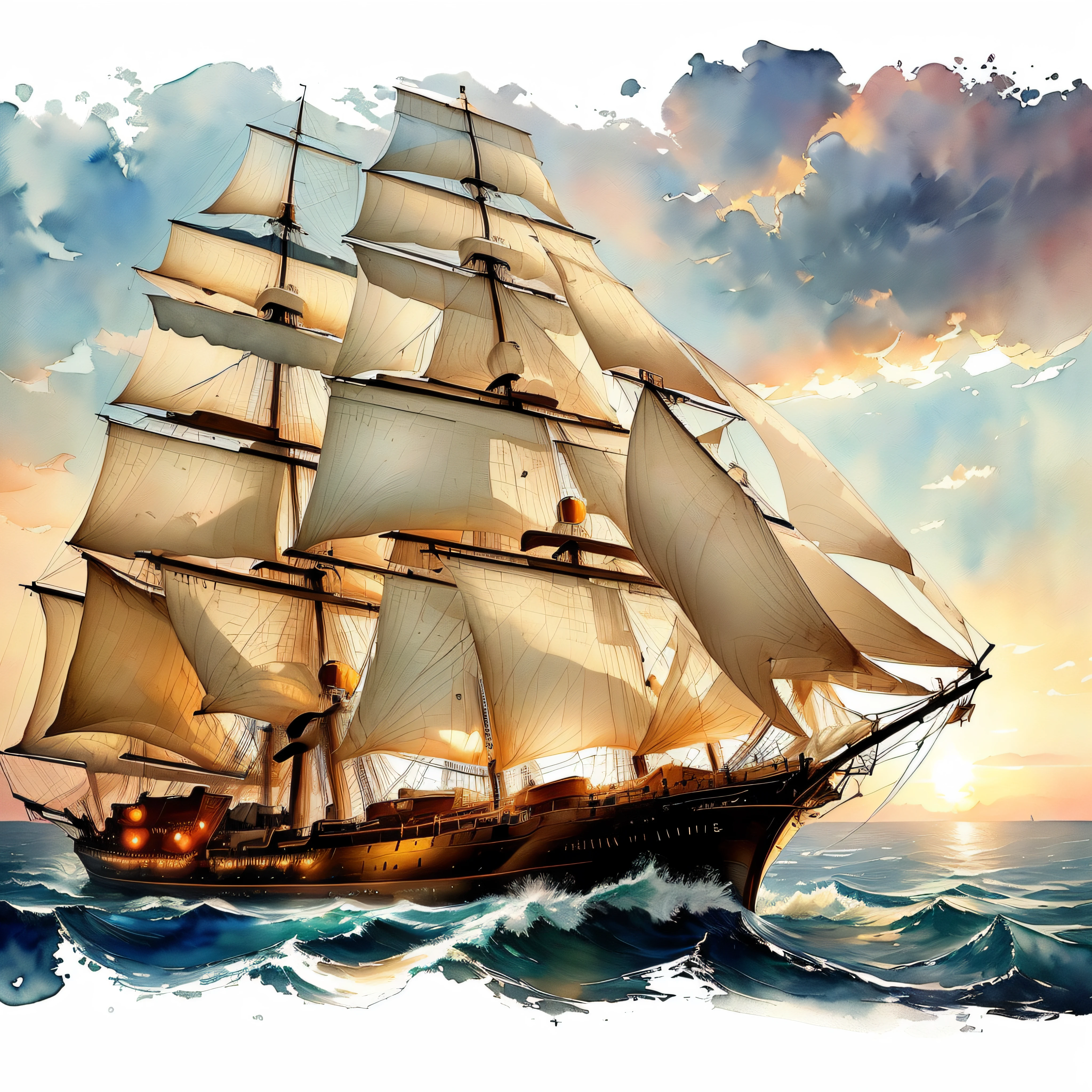 Painting of a sailing ship floating in the sea at sunset sky, Sail ships, watercolor digital painting, With stunning digital painting, Ships with sails, painterly illustration, ship on the sea, Sail ships, Painted Digital Art, digital watercolor painting, stylized digital illustration, Painting Digital Art, digital watercolor painting, Sail ships,