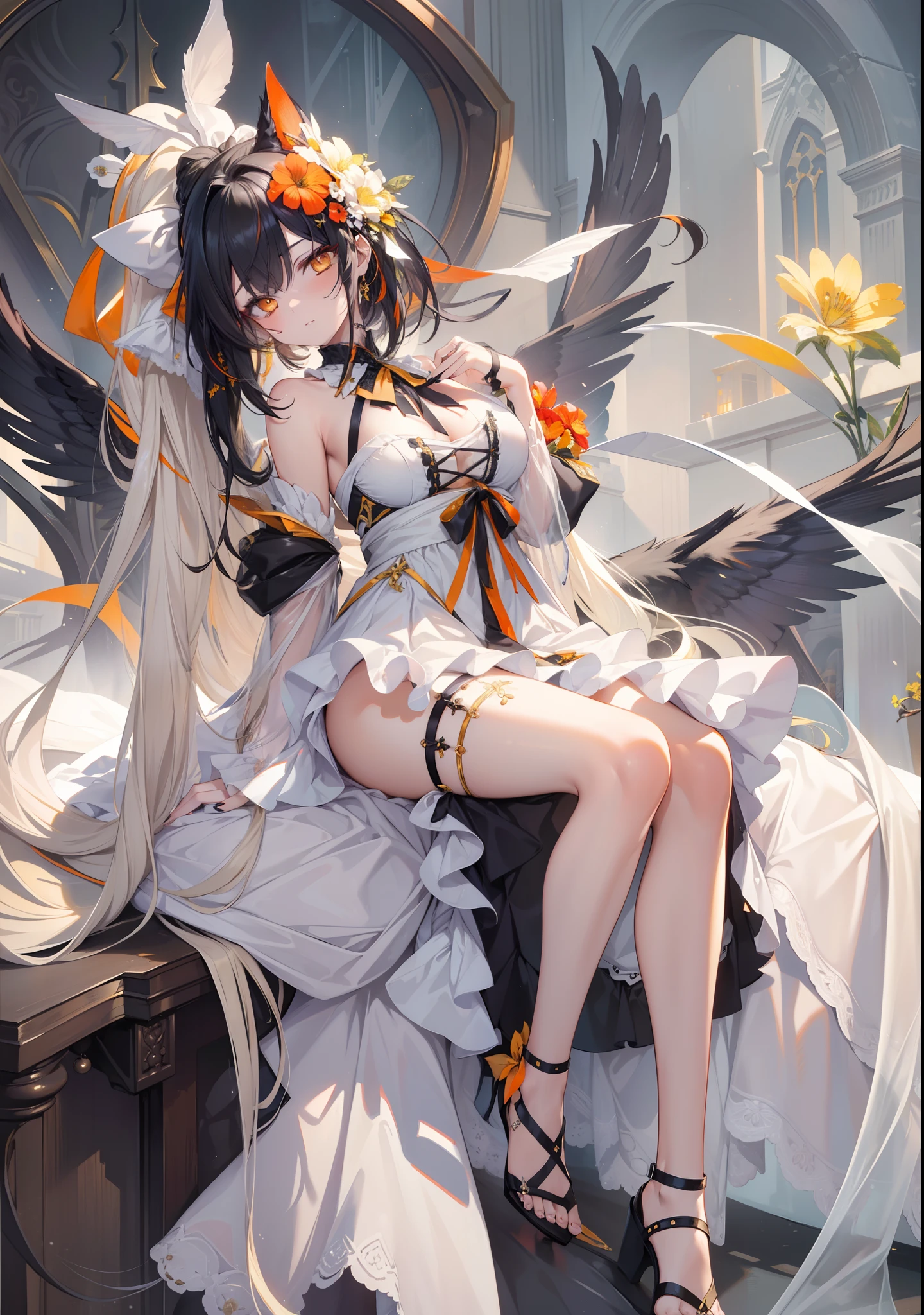 (masterpiece,bestquality,highlydetailed,ultra-detailed) mature vampire, (1girl), orange eyes, yellow sclera, long black hair with colored inner hair, black hair, sidelocks, high ponytail with a flower ribbon, medium breasts