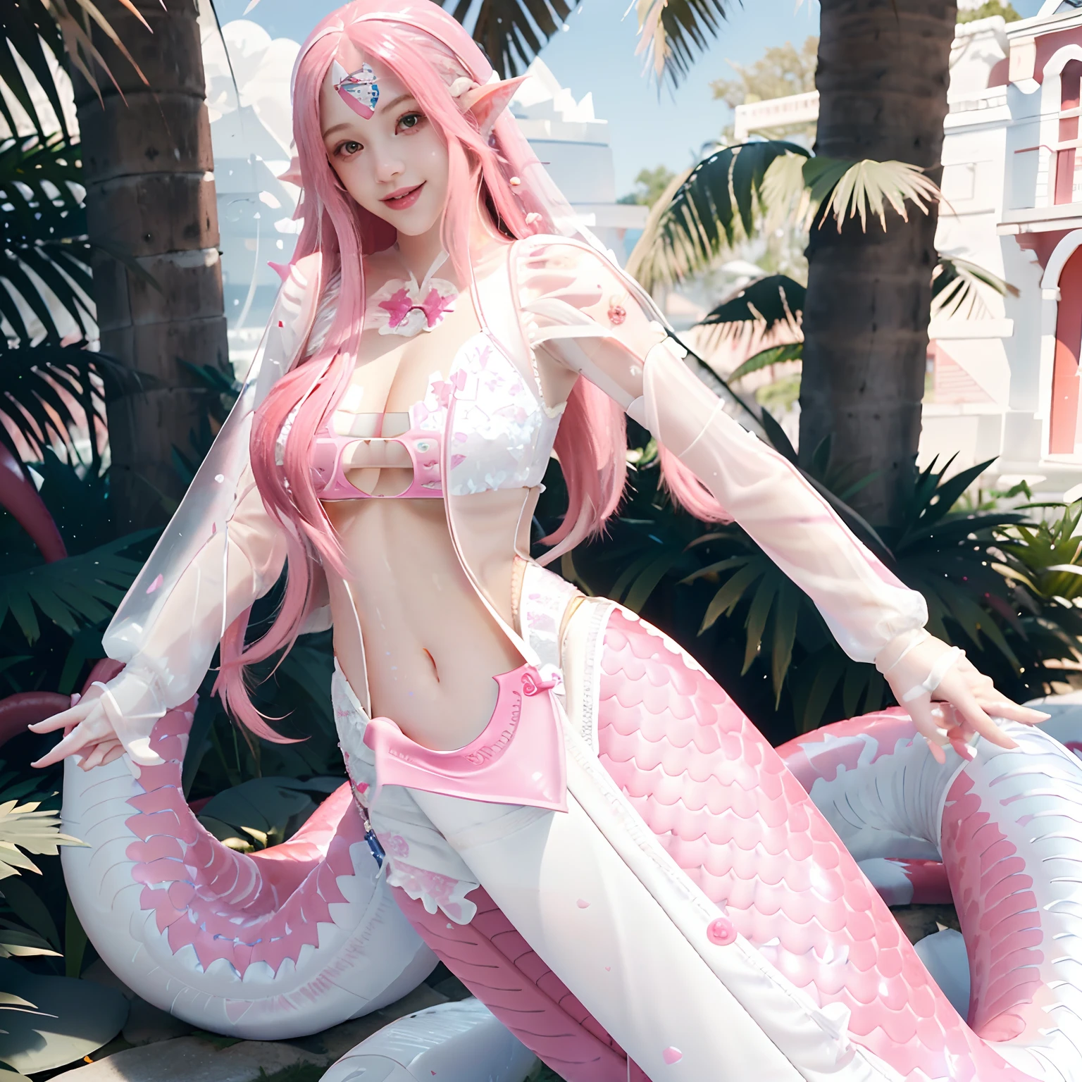 full bodyesbian,, (Masterpiece:1.2), (Best quality:1.2), Perfect eyes, Perfect face, Smiling, Perfect lighting,Lamia girl, 1girll,  ((Pink Long Hair:1.4)), 美丽细致的眼睛, ((red scales)), ((underdressing，white colors，Transparent clothes:1.5)),((Long hair, Straight hair)), White skin, Large breasts,Abs，standing on your feet，Exposing the abdomen，areola of breast，tit，s the perfect face，naked private parts，Bare chest，(nabel)，elvish ears，pointy ears