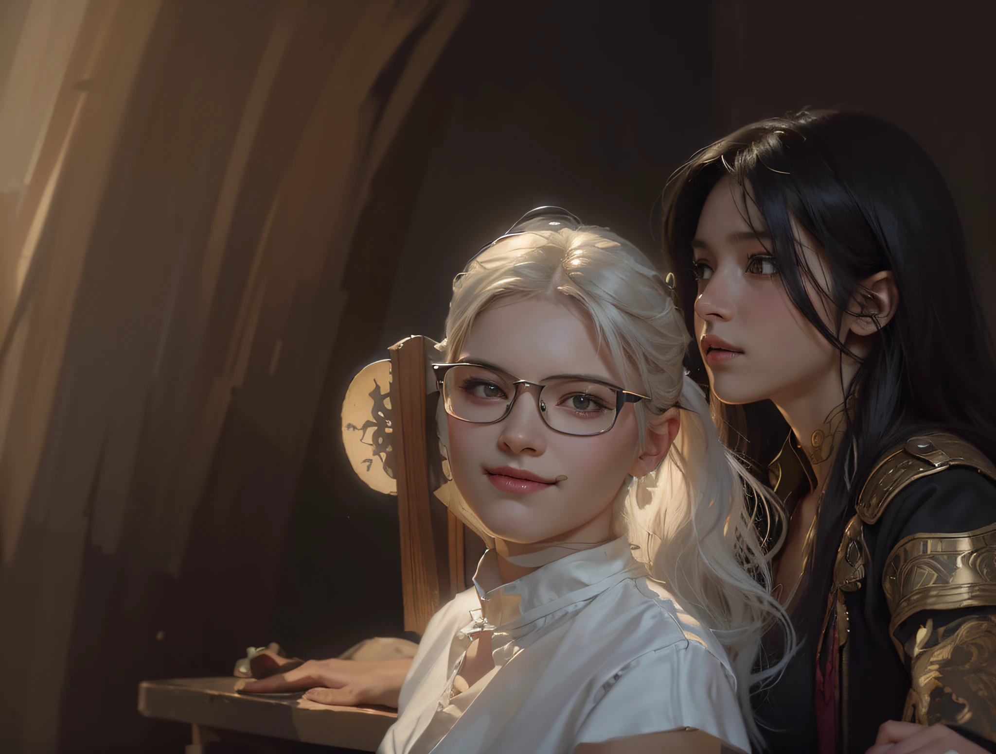 Hyperrealist portrait of female by david hockney and alphonse mucha,fantasy art, photo realistic, dynamic lighting, artstation, poster, volumetric lighting, very detailed faces, 4 k, award winning,, 1girl, in the dark, deep shadow, low key,cowboy shot,(official clothing:1.4) ,long hair,white hair,