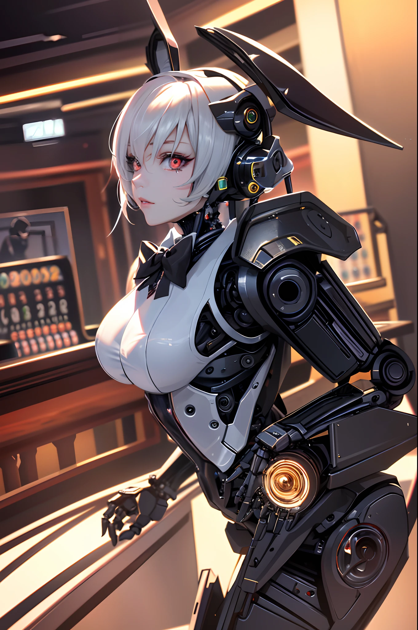 beautiful mechanical woman, solo, (half closed eyes, green eyes), (masterpiece eyes:1.3), BREAK, seductive smile, (mechanical skin: 1.3), (glowing exoskeleton leotard:1.3), (bare arms and shoulders:1.3), (cleavage, exposed groin), BREAK, (long eyelashes, red lips), bowtie, rabbit ear headphones, rabbit tail, wrist_cuffs, (blonde hair, bob cut), (forehead:1.3), BREAK, Flat_Chest, Huge_breasts, wide_lower back, (5fingers, 4fingers and 1thumb), BREAK, cyberpunk, (bar), bar counter and round chairs, wine, whiskey, bourbon, neon signboard, Masterpiece, best quality, captures a super cute moment, depth of field, ultra detailed, ultra high resolution, C4D, Octadale, 3D modeling, 8k, 16k,