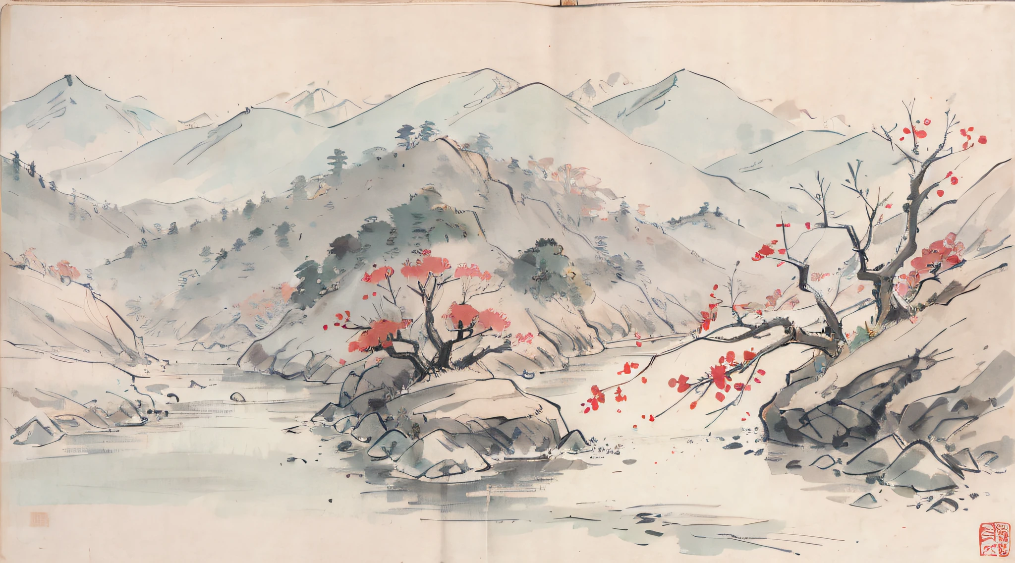 (Masterpiece, best quality: 1.2), traditional Chinese ink painting, green mountains, rivers, simple composition