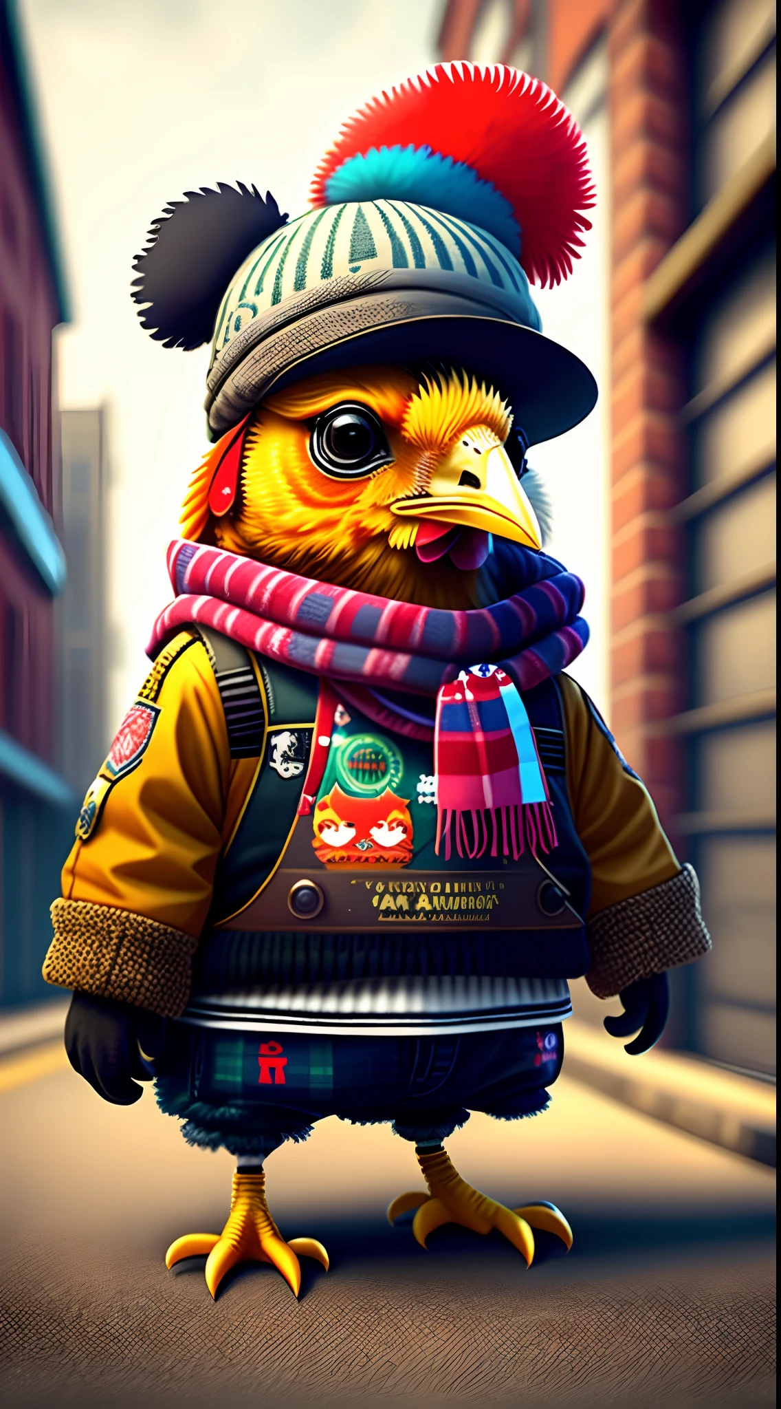 Image of a chicken wearing a hat and scarf, trends in the art station, dressed in punk clothing, Ultra-realistic detail rendering, British gang member, Urban style, intimidating pose, Planet of chickens, Fashion clothes, Urban Samurai, meow, West Slavic traits, 8 1 5