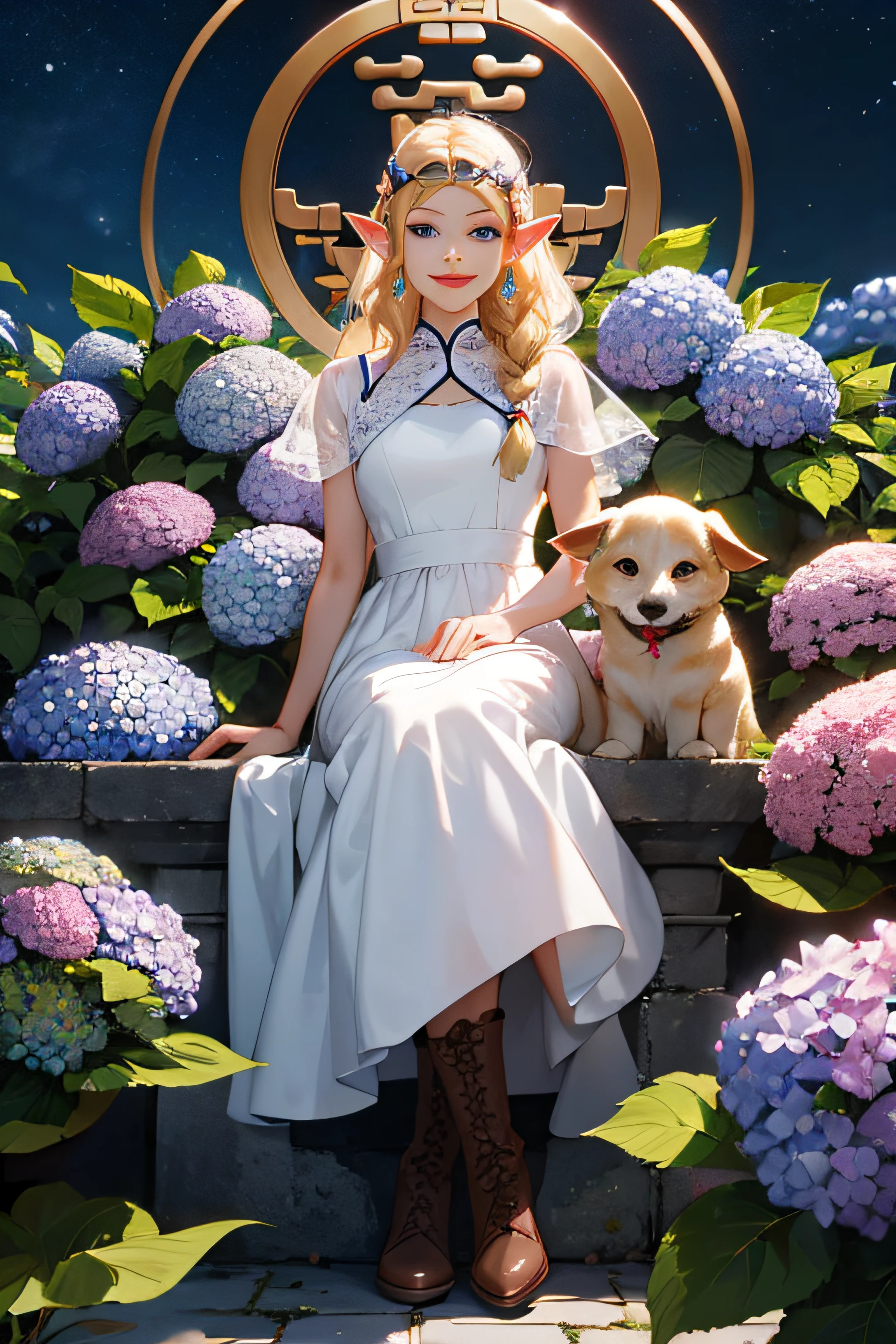Masterpiece, best quality, night, full moon, 1 girl, mature woman, Chinese style, ancient China, elder sister, imperial sister, smile, blonde hair, princess cut, single Fried Dough Twists braid, coiled hair, double ball head, light pink lips, calm, intellectual, middle hair, green pupil, hairpin, hydrangea, zelda, princess zelda, blonde, elf, triforce, triangles, blue eyes, long white dress, brown boots