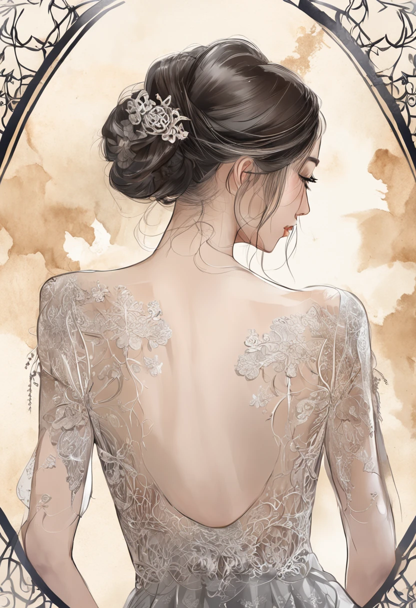 Close-up of a woman in a black transparent openwork skirt with her back to the camera,Highly clear and refined skin texture and texture,Highly defined intricate hair and eyebrows,Exposed smooth and delicate back,The skin of the shoulder blades,Indentation of the spine,Very slender waist,Yang Jun,Fantasy woman,beautiful female knight,Carol Barker UHD,Ruan Jia and Stanley Artegrum,WLOP and Artegrum,beautiful female knight,beaturiful body,Fan Qi,Li Song,Style Atgerm,Ni Tian