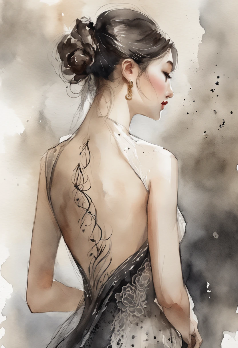 Close-up of a woman in a black transparent openwork skirt with her back to the camera，Highly clear and refined skin texture and texture，Highly defined intricate hair and eyebrows，Exposed smooth and delicate back，The skin of the shoulder blades，Indentation of the spine，Very slender waist，Yang Jun，Fantasy woman，beautiful female knight，Carol Barker UHD，Ruan Jia and Stanley Artegrum，WLOP and Artegrum，beautiful female knight，beaturiful body，Fan Qi，Li Song，Style Atgerm，Ni Tian