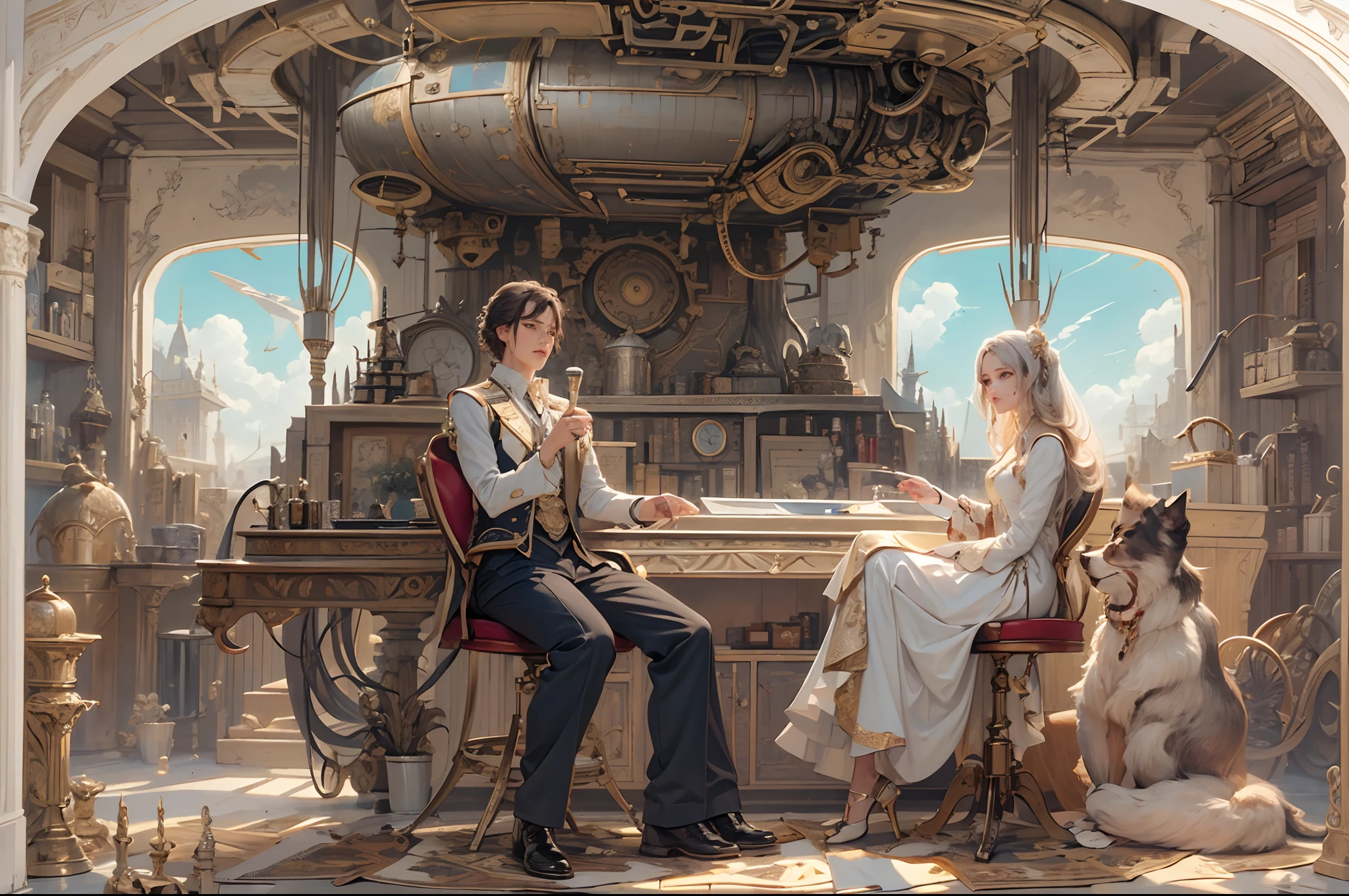 best qualtiy,tmasterpiece,超高分辨率,(realisticlying:1.4),absurderes,(ung couple repairing an airship in the manor,(Eye focus),sface focus, Clear facial features),(koh_amberheard:0.8),1 best long shot photo of Mechanical Airship Manor,Fantasy sci-fi vehicles,hyper realisitic,Complex design,insanely details,finely detailled,IvoryGoldAI,1 couple doing business on the estate