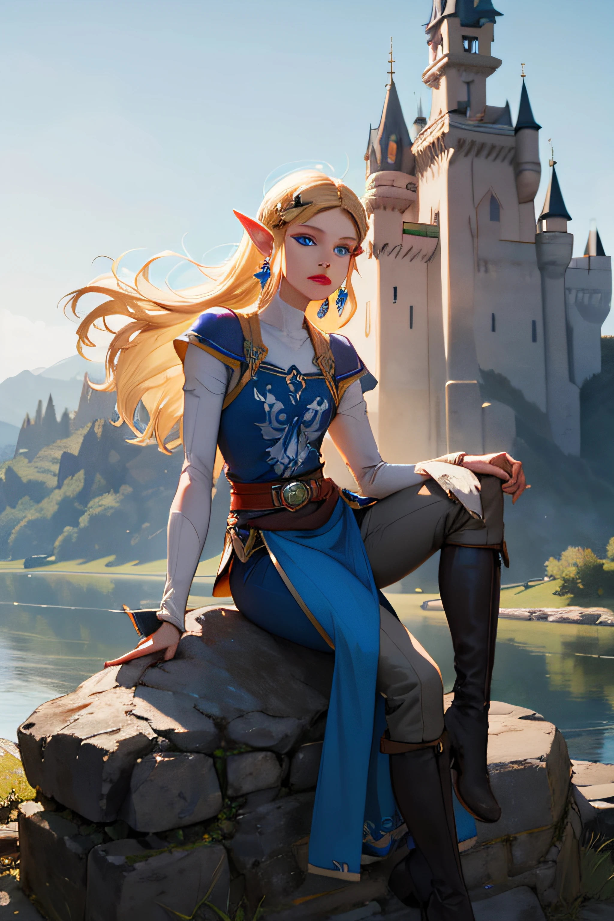 (Best Quality: 1.3, Masterpiece: 1.3), Ultra HD, (1girl, solo), atmospheric perspective, fine face, makeup, pink lips, cleft lips, shiny skin, (blonde hair), extra long hair, looking at the audience, blue eyes, earrings, small breasts, slim figure, (white silk), (((castle, riverside, beautiful background))), perfect lighting, (frontal lighting), physical base rendering, zelda, princess zelda, blonde, elf, triforce, triangles, blue eyes, boots, defined eyes, full body
