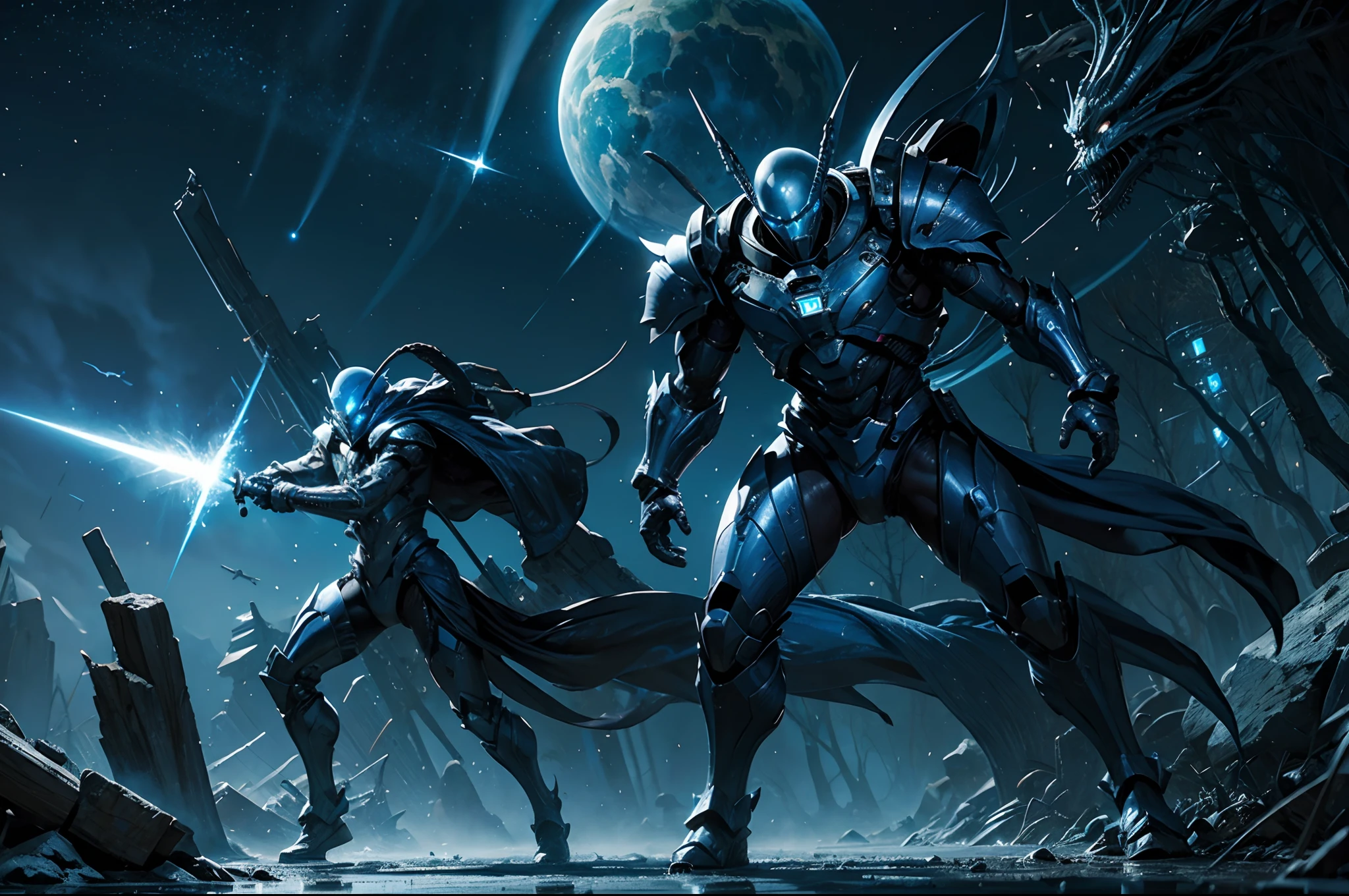 masterpiece、top-quality、Alien Knight、Blue skin、Rich in nature、battle field、Unknown Planet、full body Esbian、Dynamic angles、Dynamic Poses、