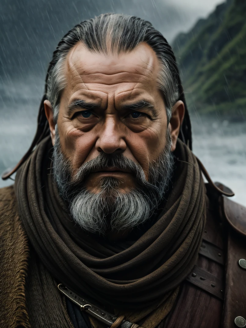 ((top-quality))、((masterpiece))、(inky)、Solemn and complex photo、1man、(closeup portrait)、3/5 shots、face lights、Old Grizzle Medieval Warrior、War-weary elderly grandfather、war paint、well-muscled、Gray beard、Shaved head、top knot、Wet fur armor、tired eyes、Logging and grazing、(Dramatic rainy fjords、Ocean Channel、rocky hills:1.2)、at noon、Depressive Atmosphere、Blowing Rain、hight resolution、depth of fields、deep-shadows、high detailing、foco nítido、suave、Roughness、nffsw、Real life、photorealisim、a picture、photographed:Lord of the Rings stills|God of War|Wrath of the Titans|lighthouse、watching at viewers、Detailed hand depiction