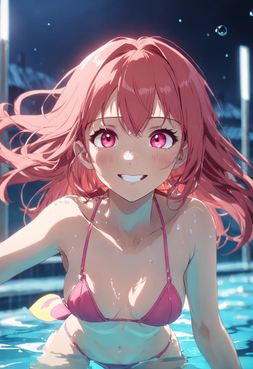 Red-haired, pink-eyed girl in bikini smiling swimming in pool
