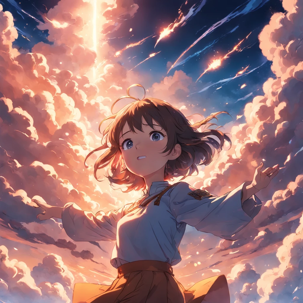 masterpiece, best quality, movie still, 1girl, cloud girl, floating in the sky, close-up, bright, happy, warm soft lighting, sunset, (sparks:0.7)