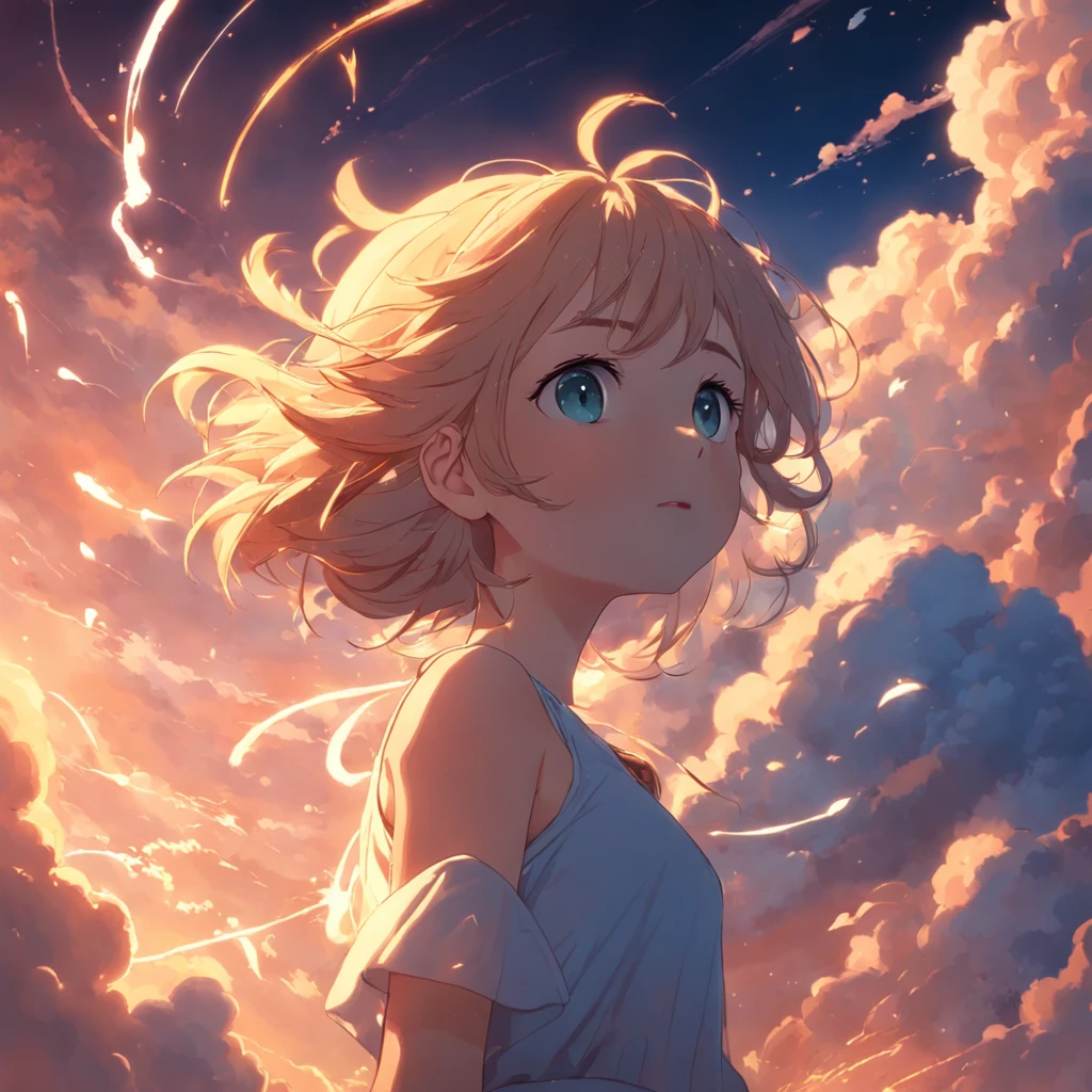 masterpiece, best quality, movie still, 1girl, cloud girl, floating in the sky, close-up, bright, happy, warm soft lighting, sunset, (sparks:0.7)