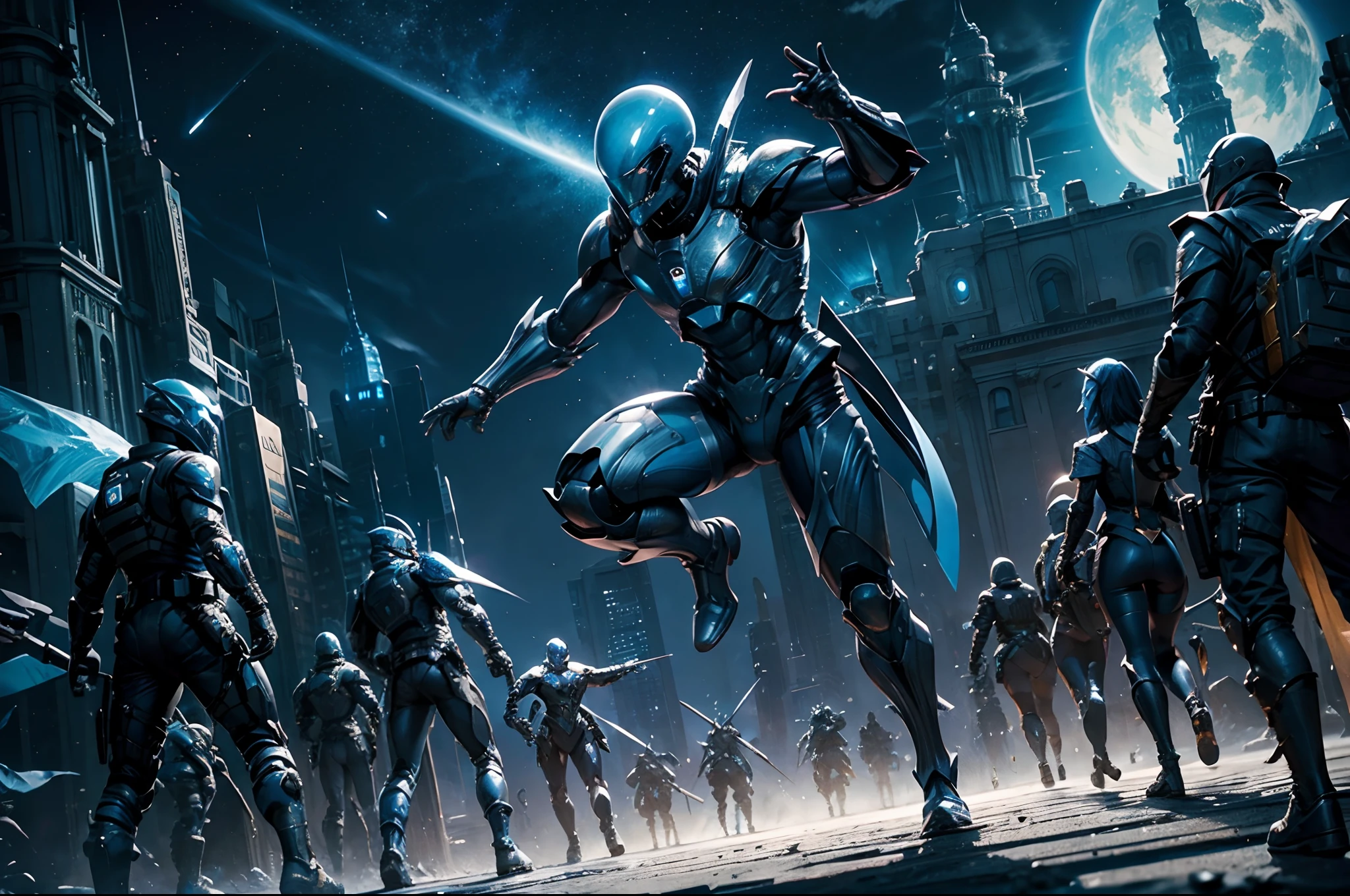 masterpiece、top-quality、Alien Knight、Blue skin、Rich in nature、battle field、Unknown Planet、full body Esbian、Dynamic angles、Dynamic Poses、