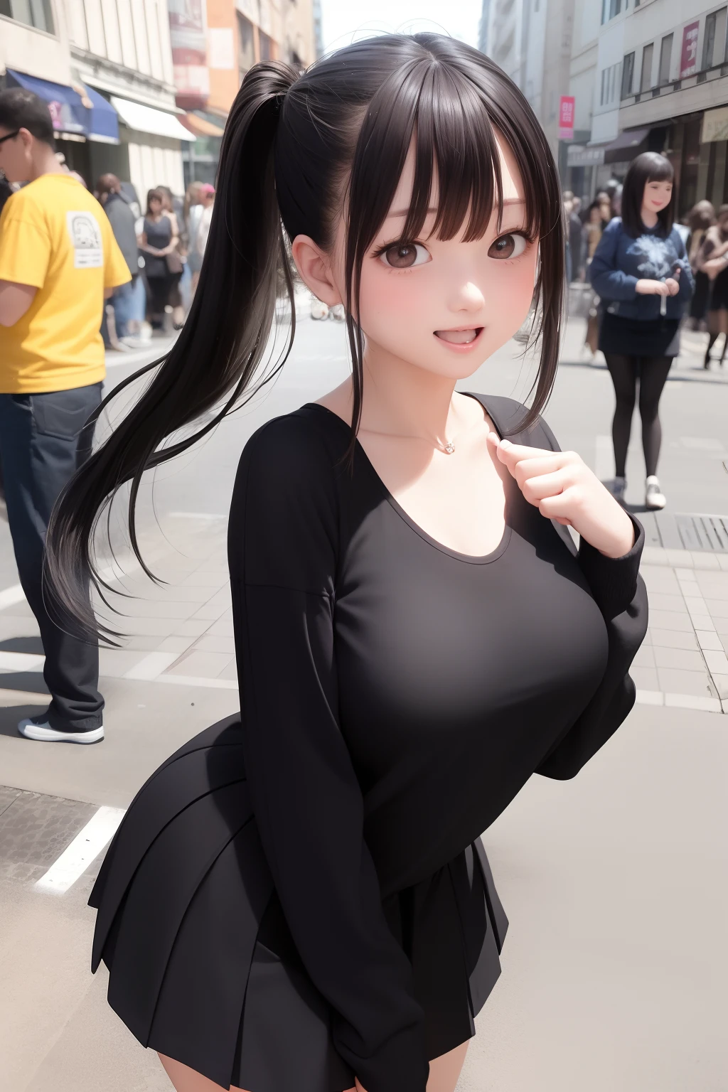 ((top-quality、8K、​masterpiece:1.3))、focus:1.2、perfectbodybeauty:1.4、s ass:1.2、(Layered Haircut、Larger breasts:1.2))、(Sateen、a street:1.3)、Bandeau Dress:1.1、Black underwear straps Eyes with thick eyebrows、二重まぶた、Whitening Skin、length hair、(with round face:1.5)　japanes　age 30s　a miniskirt　Panchira
