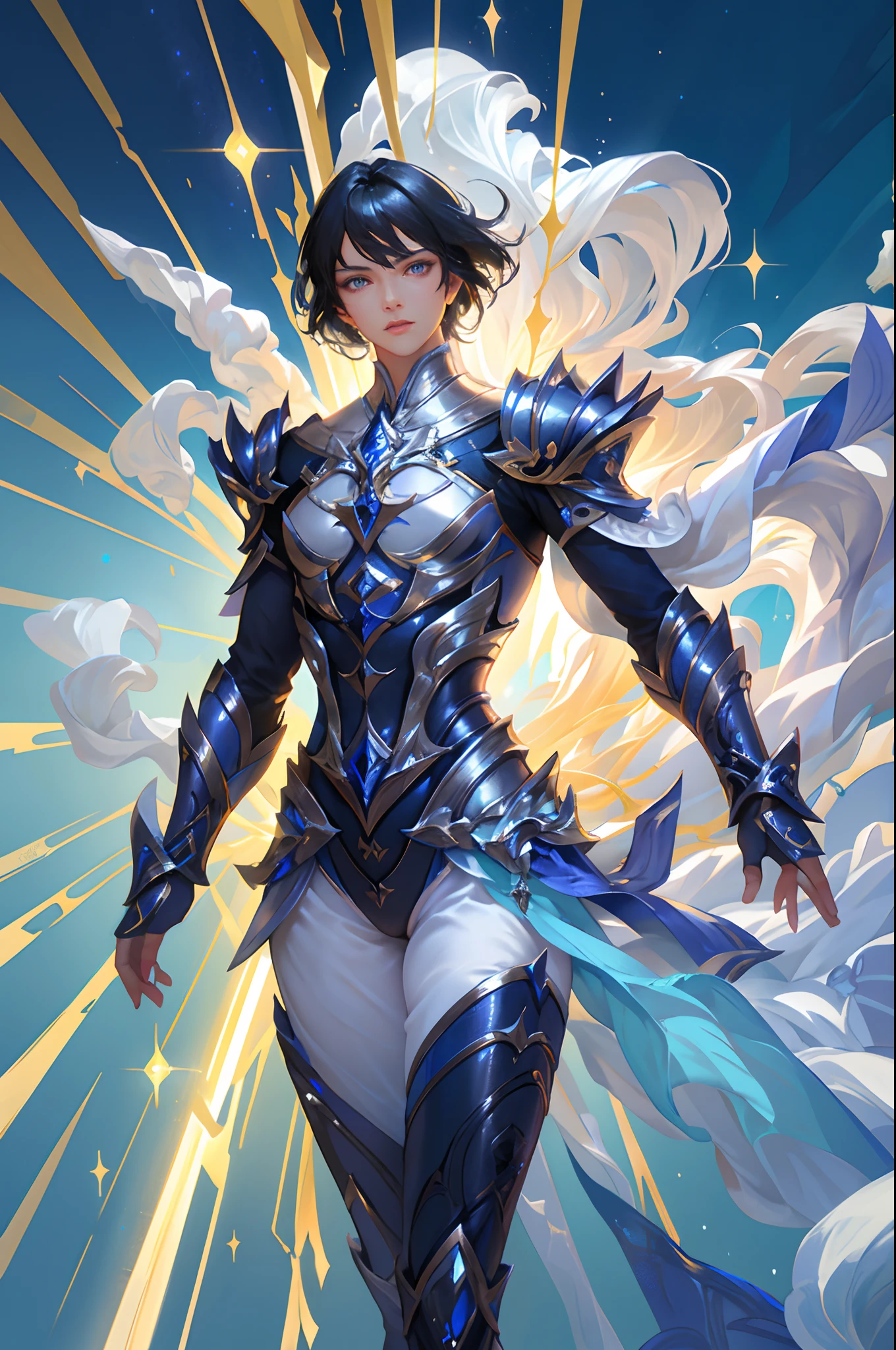 Ultra-high saturation，（tmasterpiece）， fully body photo，（best qualtiy）， （1girll）， starryskybackground，Wearing shiny gold armor， Sexy lingerie type armor，Expose your chest，Expose the waistline，Exposing thighs，cool-pose， Saint Seiya Armor， messy  hair，high detal, Anime style, Cinematic lighting, Sparkle, god light, Ray traching, filmgrain, hyper HD, textureskin, super detailing, Anatomical correct, A high resolution，Ultra-high saturation，hight contrast，High-gloss armor，Smooth skin，Serious expressions,Dark room,