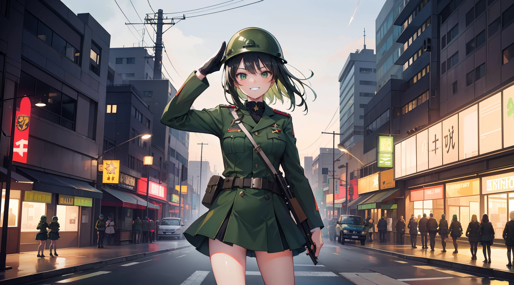 A girl in a green military uniform,Gun in hand,grinning smile,Shy,Warm street lights,down town,Superskirt,Saluting,Wear a steel helmet,The steel helmet has a solid red five-pointed star,Long legs are exposed,Shooting stars dart across the sky,Busy business district street,Black hair