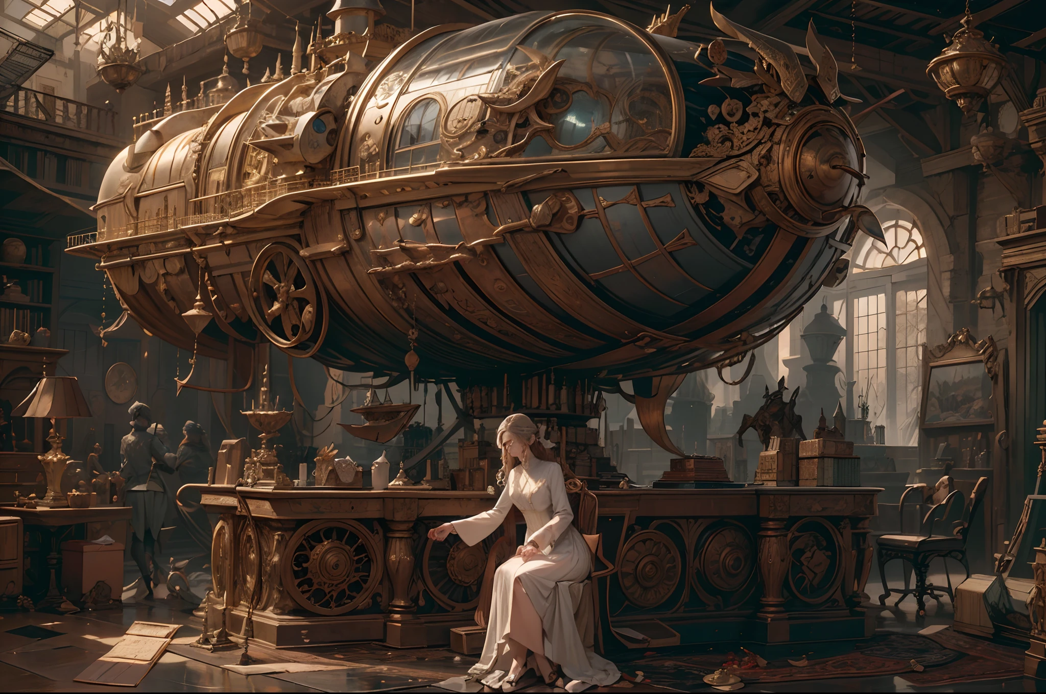 best qualtiy,tmasterpiece,超高分辨率,(realisticlying:1.4),absurderes,(1 young couple repairing an airship in the manor,(Eye focus),sface focus, Clear facial features),(koh_amberheard:0.8),1 best long shot photo of Mechanical Airship Manor,Fantasy sci-fi vehicles,hyper realisitic,Complex design,insanely details,finely detailled,IvoryGoldAI,1 couple doing business on the estate
