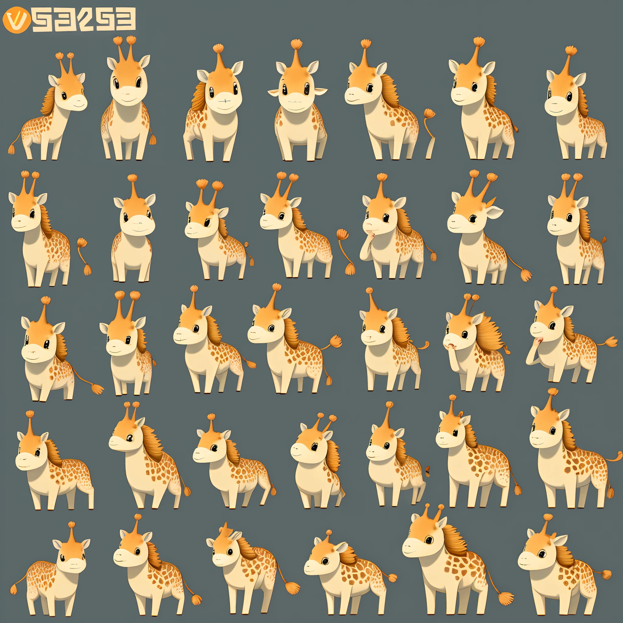 Cute giraffe cartoon image，Cartoon anime line art，Cute and cute, various postures, various expressions, various movements, various demeanors[rejoice，vred，grieves，weeping，adolable，expecting，laughingly，despondency]Light white and blue