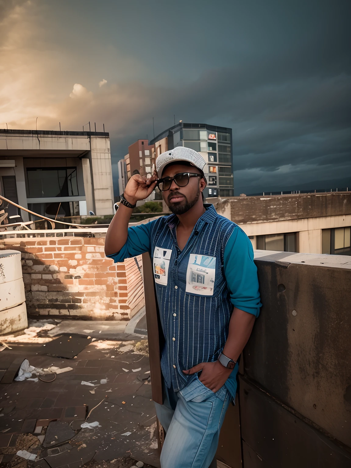 there is a man standing on a ledge with a hat on, full body picture, very very low quality picture, stylish pose, full body photogenic shot, with a cool pose, candid picture, with accurate face, full body in camera, taken with sony alpha 9, edited in photoshop, casual photography, very artistic pose, photo taken in 2 0 2 0
