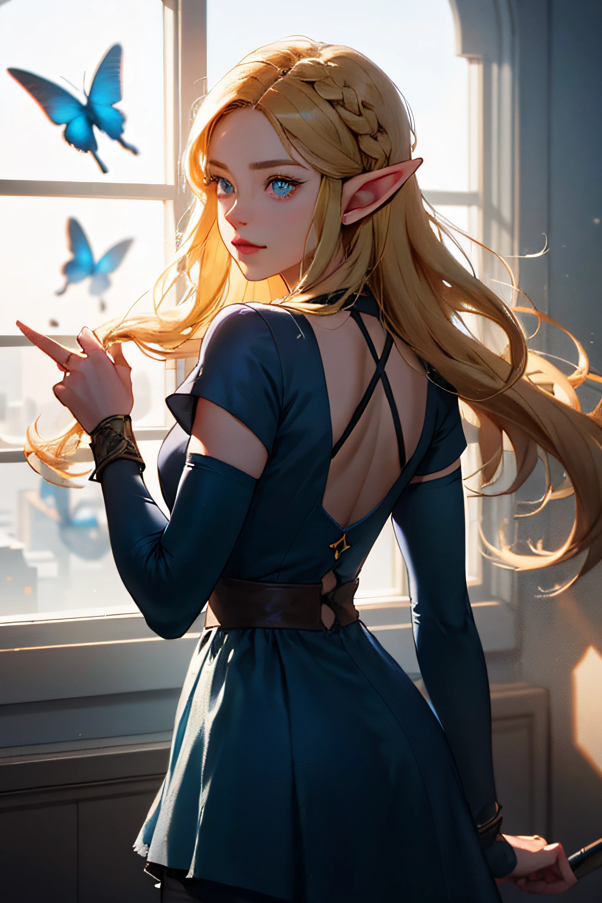 （（best qualtiy））， （（tmasterpiece））， （detail：1.4）， Beautiful cyberpunk female images，hdr（HighDynamicRange），Ray traching，NVIDIA RTX，Hyper-Resolution，illusory 5，sub surface scattering，PBR textures，post-proces，Anisotropy Filtering，depth of fields，maximum definition and sharpness，Many-Layer Textures，Albedo e mapas Speculares，Surface coloring，Mitsu-Accurate simulation of material interactions，perfectly proportioned，rendering by octane，Two-colored light，largeaperture，Low ISO，White balance，Rule three points、8K raw data、Beautiful bright blue pupils，long white and purple dress, Fine pupils，Delicate face and eyes，long eyelasher，Blushlush，Pure，Cute face，Sweet girl，Artistic sense，Casual wear，Advancedsense，butterflys，Beautiful hair accessories，Hair fluttering in the wind，Positive light，The light from the back window is backlighted, zelda, princess zelda, blonde, elf, triforce, triangles