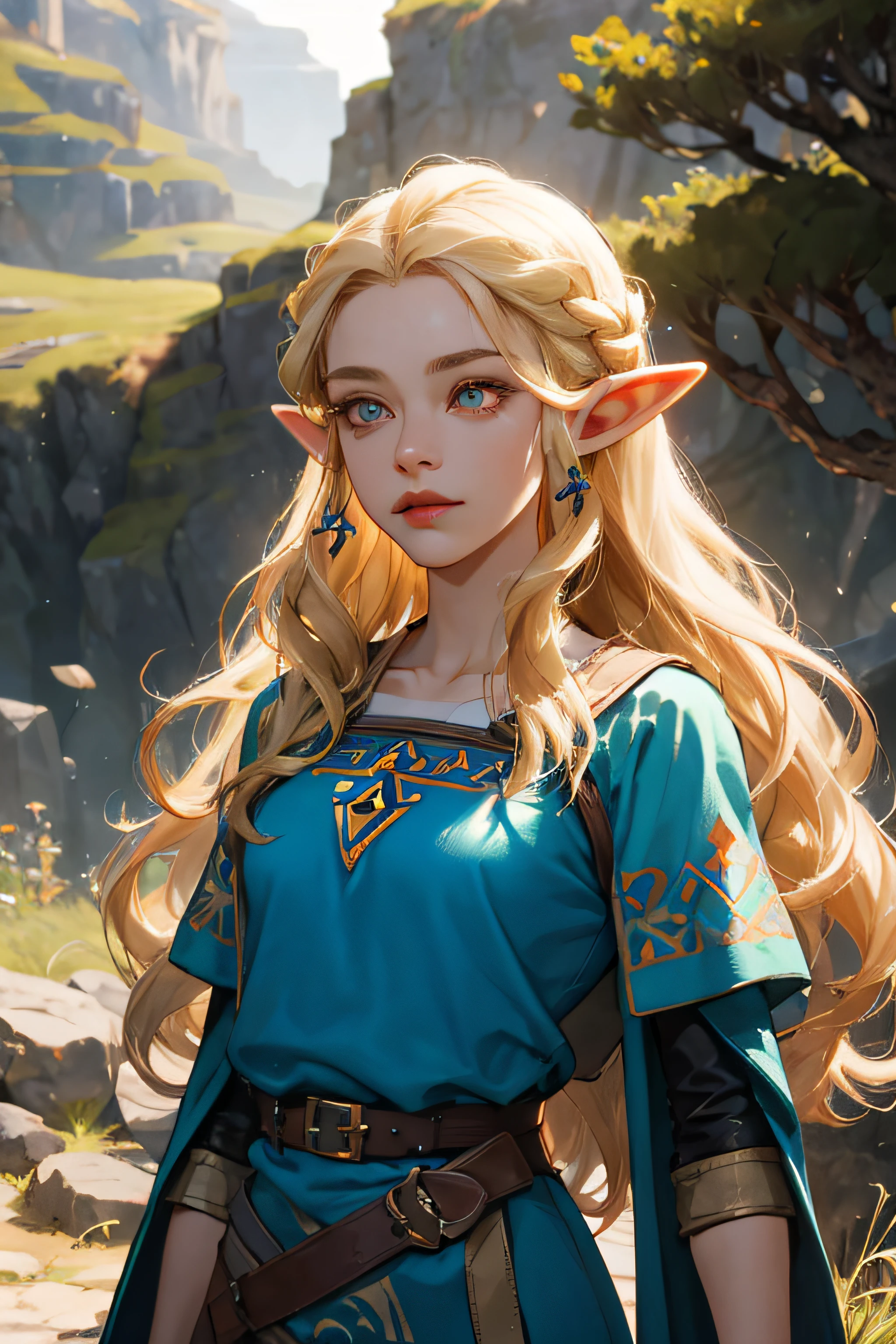 arafed image of a woman in a blue outfit with a sword, portrait of zelda, portrait of princess zelda, princess zelda, zelda botw, zelda style art, zelda, portrait of an elf queen, zelda with triforce, botw style, breath of the wild art style, elf princess, from legend of zelda, a portrait of an elf