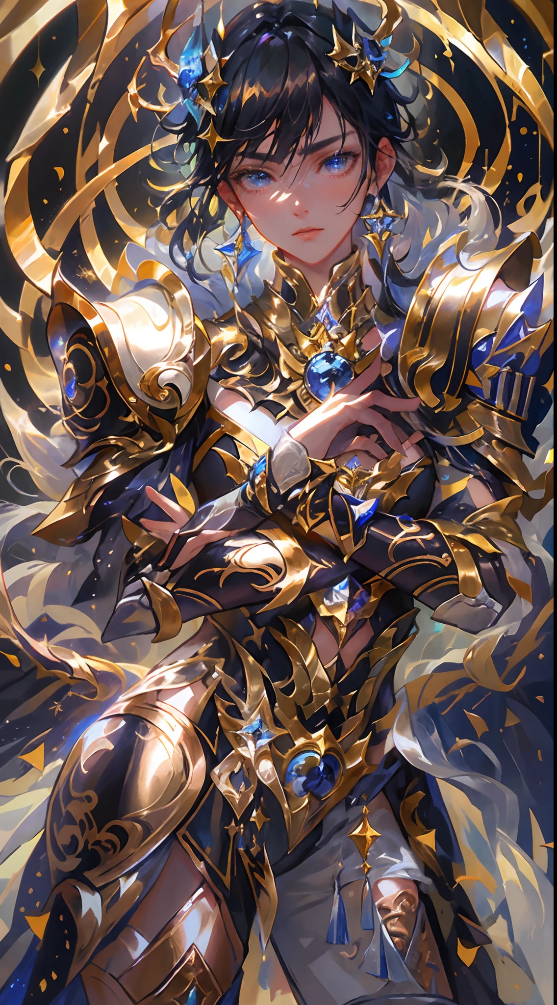 Ultra-high saturation，（tmasterpiece）， fully body photo，（best qualtiy）， （1girll）， starryskybackground，Wearing shiny gold armor， Sexy lingerie type armor，Expose your chest，Expose the waistline，Exposing thighs，cool-pose， Saint Seiya Armor， messy  hair，high detal, Anime style, Cinematic lighting, Sparkle, god light, Ray traching, filmgrain, hyper HD, textureskin, super detailing, Anatomical correct, A high resolution，Ultra-high saturation，hight contrast，High-gloss armor，Smooth skin，Serious expressions,Dark room,