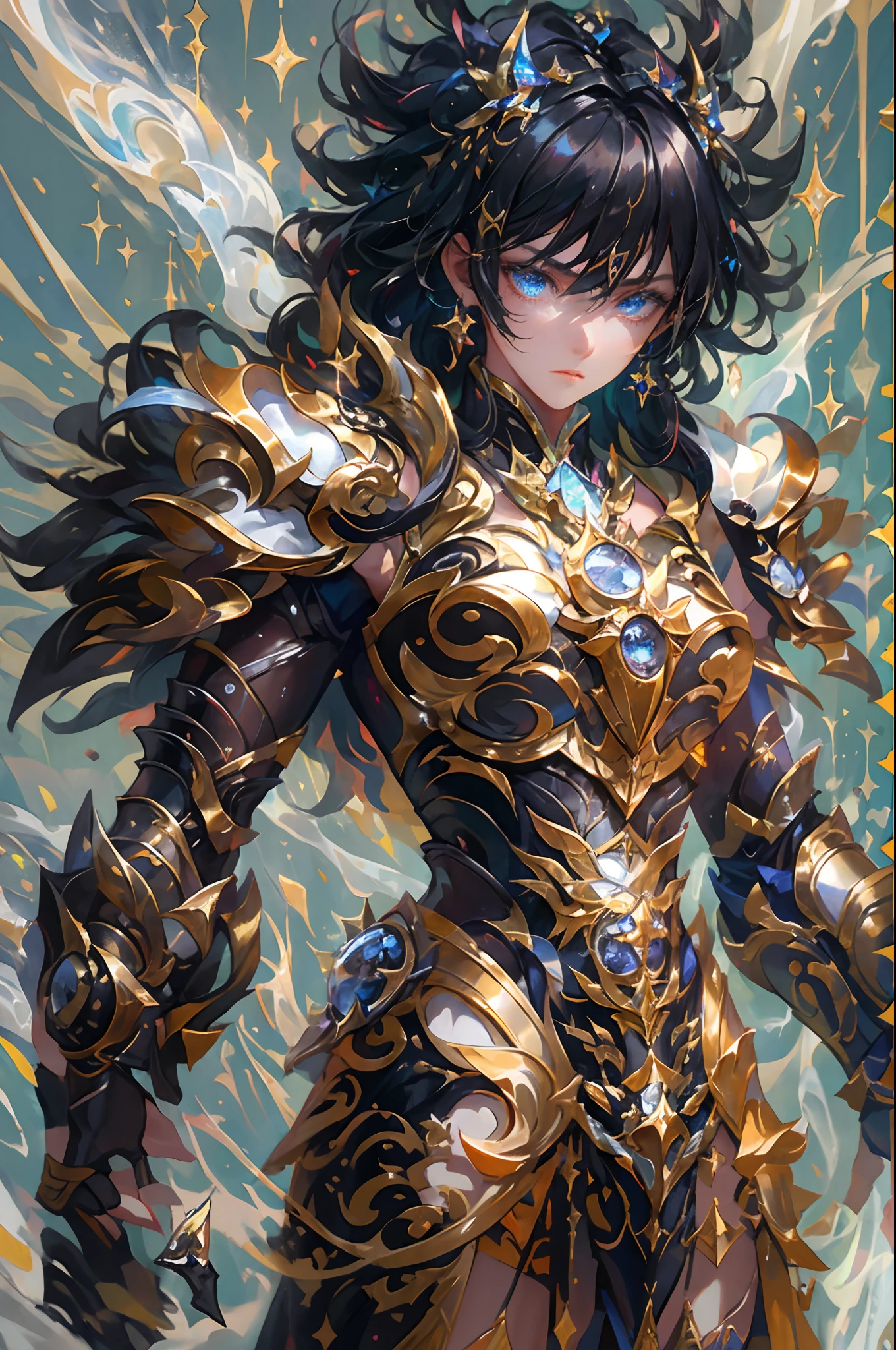 Ultra-high saturation，（tmasterpiece）， fully body photo，（best qualtiy）， （1girll）， starryskybackground，Wearing shiny gold armor， Sexy lingerie type armor，Expose your chest，Expose the waistline，Exposing thighs，cool-pose， Saint Seiya Armor， messy  hair，high detal, Anime style, Cinematic lighting, Sparkle, god light, Ray traching, filmgrain, hyper HD, textureskin, super detailing, Anatomical correct, A high resolution，Ultra-high saturation，hight contrast，High-gloss armor，Smooth skin，Serious expressions,Dark room,