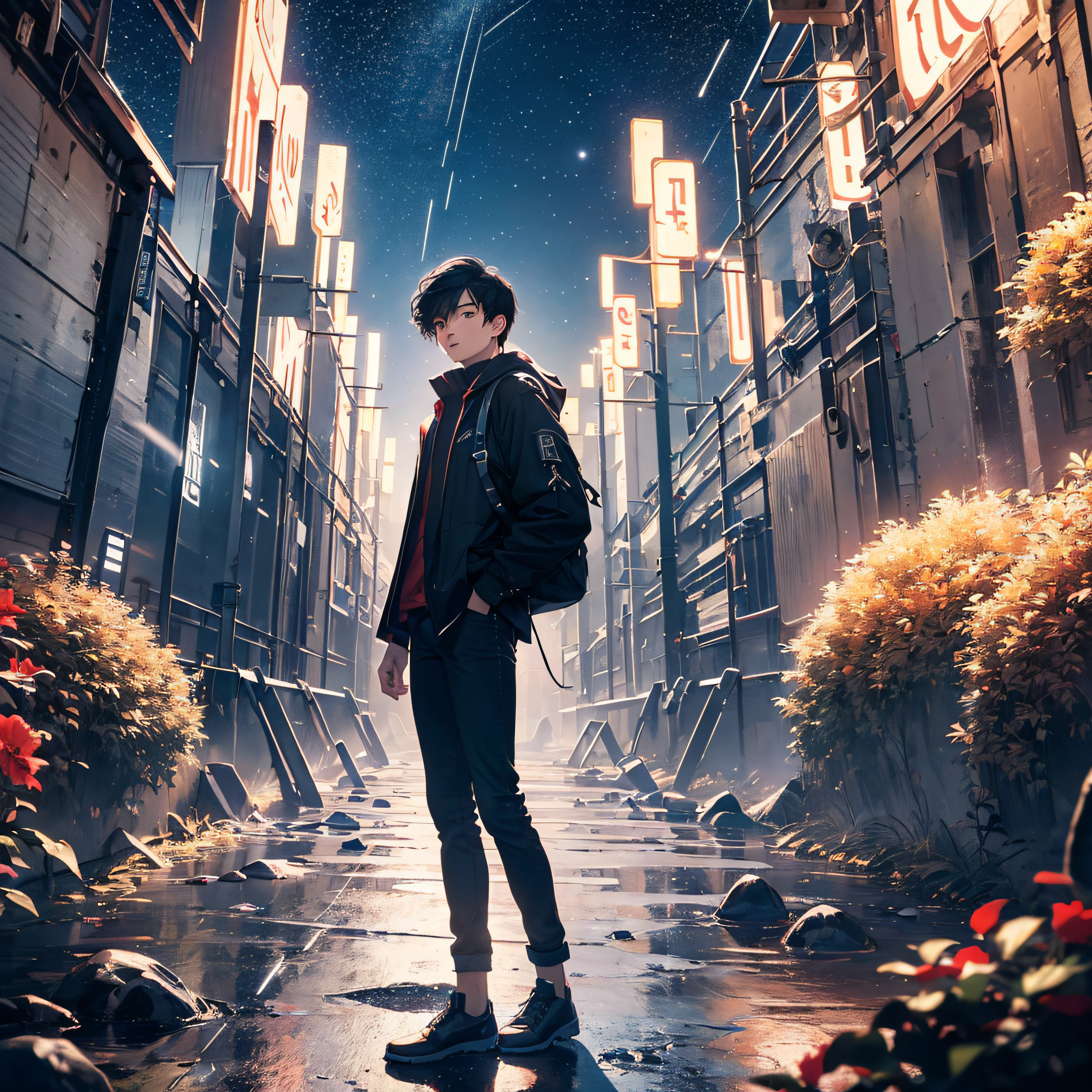 ((Best Quality, 8K, Masterpiece: 1.3)), landscape, morning shoot, star trail, slow speed, standing young man with black hair, black jeans, look at the stars, amazing scenery, hundreds of stars forming a circle, light waves.