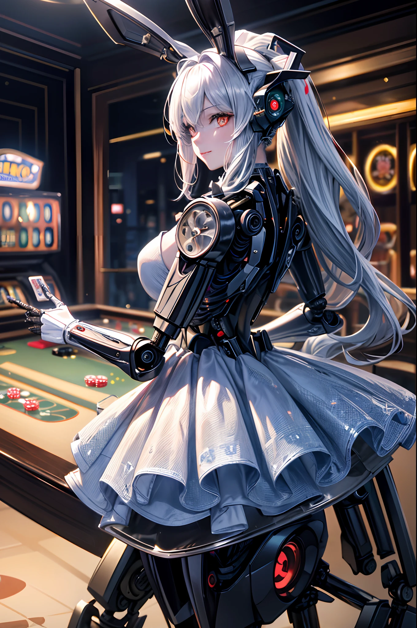 (top-quality、in 8K、32K、masterpiece、nffsw、ighly detailed、Impresionismo:1.2)、Full body, (Casino、in a house:1.4)、deep-shadows、beauitful face、blurry backround、20-year-old beauty、Machine body、(Robot Dealer:1.5),Bunny girl with glowing eyes、Because it's made of metal、a bow tie、Machine Bunny、Metal rabbit ears、Curve、Casinos of the near future、Transaction Cards