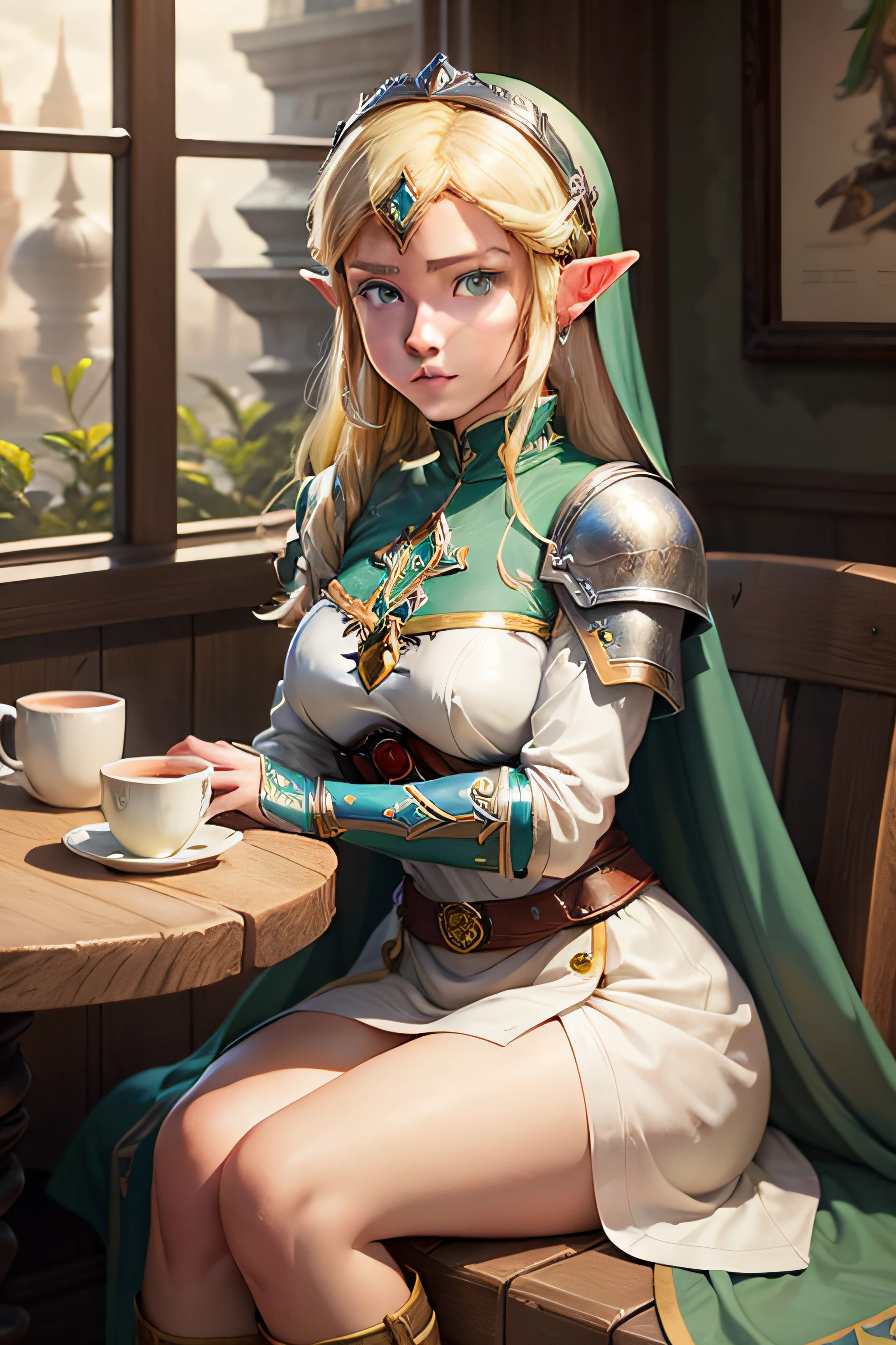 female knight, coffee shop, green hair, crowded, sitting, masterpiece, best_quality, 1girl, solo, princess zelda, blonde, blue eyes, legend of zelda, elf, white dress, triangles