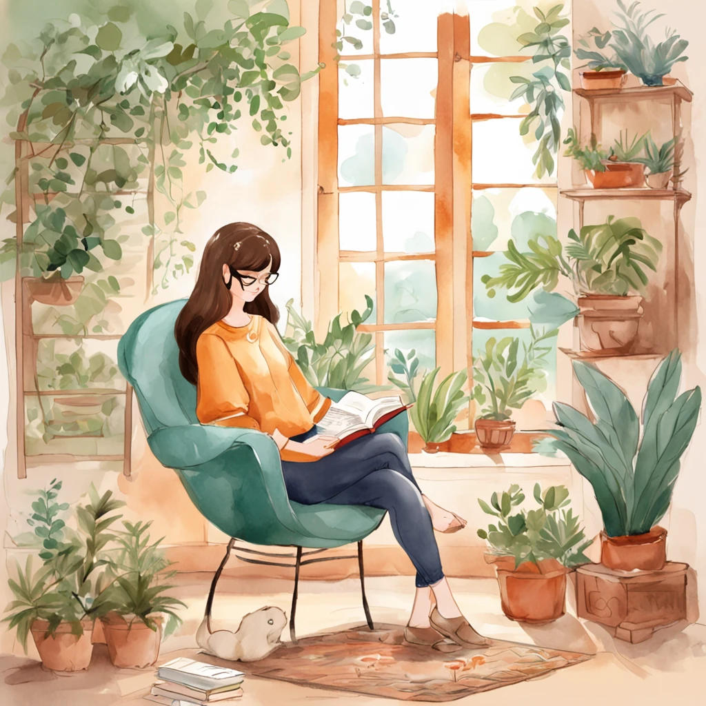 there is a woman round head sitting in a chair reading a book, lofi girl, lo-fi illustration style, cats and plants, lofi girl aesthetic, reading a book, dreamy illustration, cute illustration, relaxing mood, studying, lofi art, relaxing concept art, blurry and dreamy illustration, lofi artstyle, there is a book next to the cat