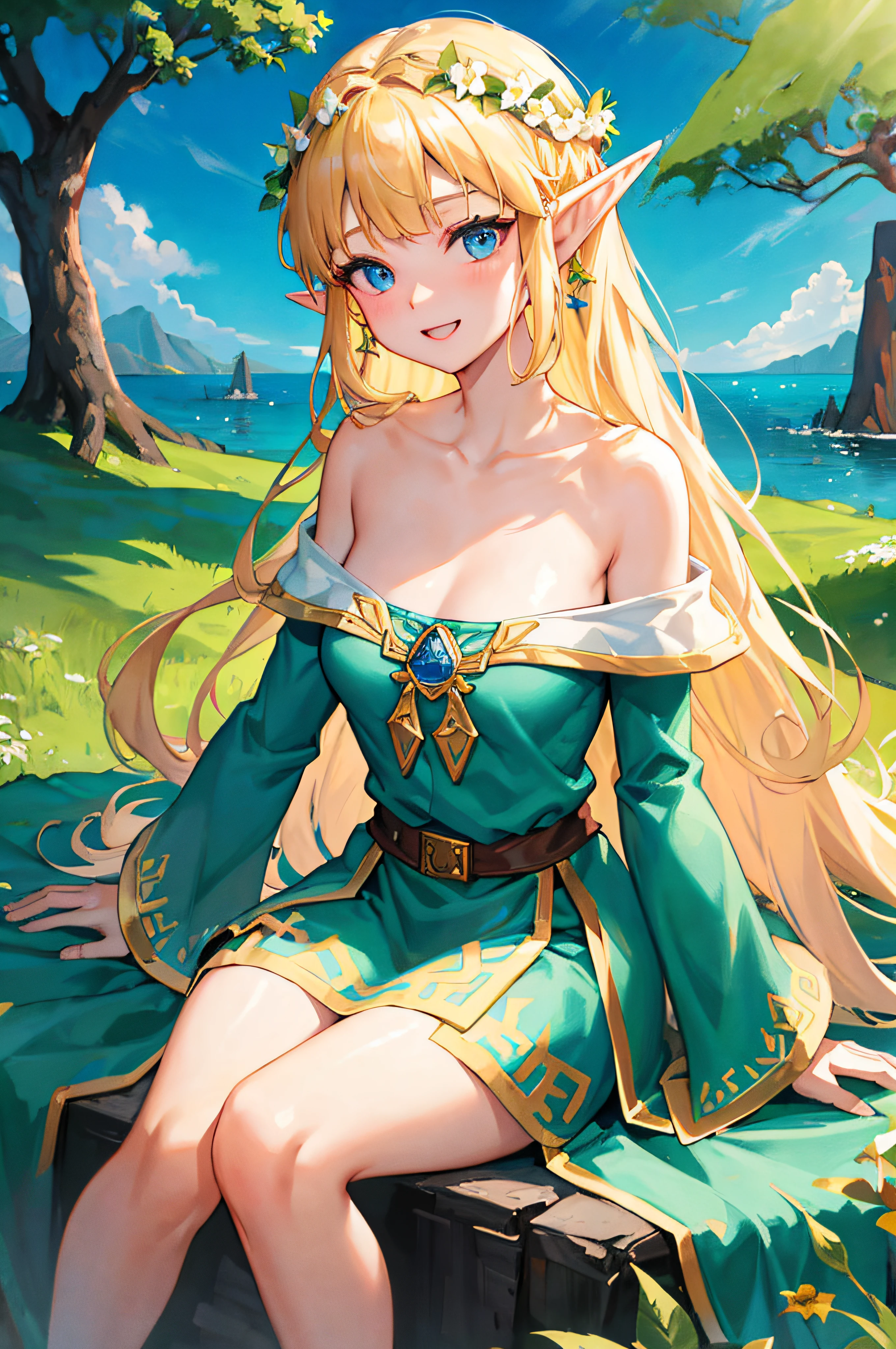 Masterpiece, best quality, illustration, colorful, landscape, fantasy, forest, 1girl, girly, face focus, skinny, bare shoulders, clavicle, detailed golden long hair, green eyes, pointy ears, holy smile , wreath, white dress, holy light, forest, sea of trees, flowers, sitting on the ground, princess zelda, blonde, blue eyes, legend of zelda, elf