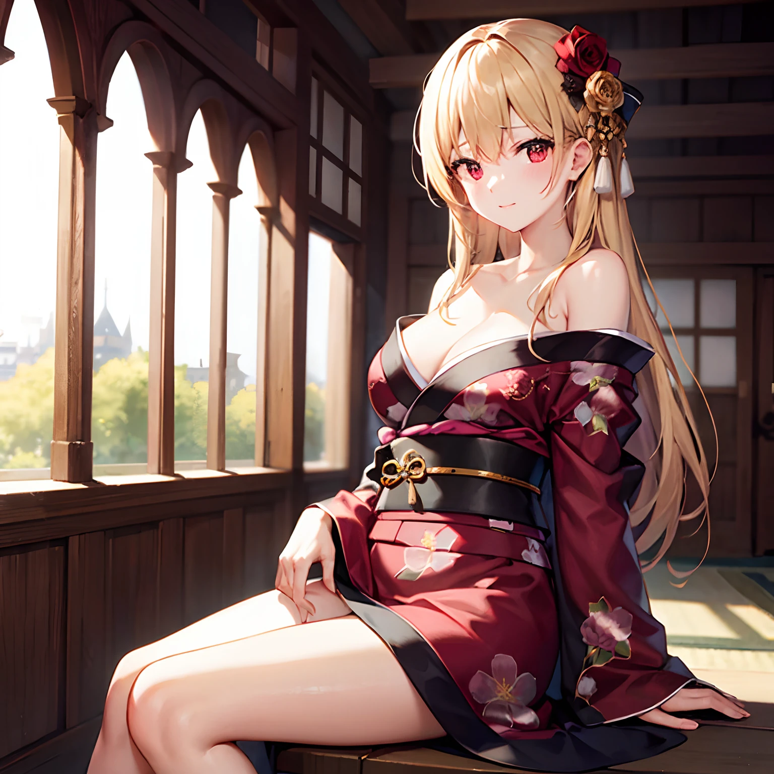 a blond、red eyes、Beautiful girl alone、Floral kimono、Off-shoulder、Western-style castle