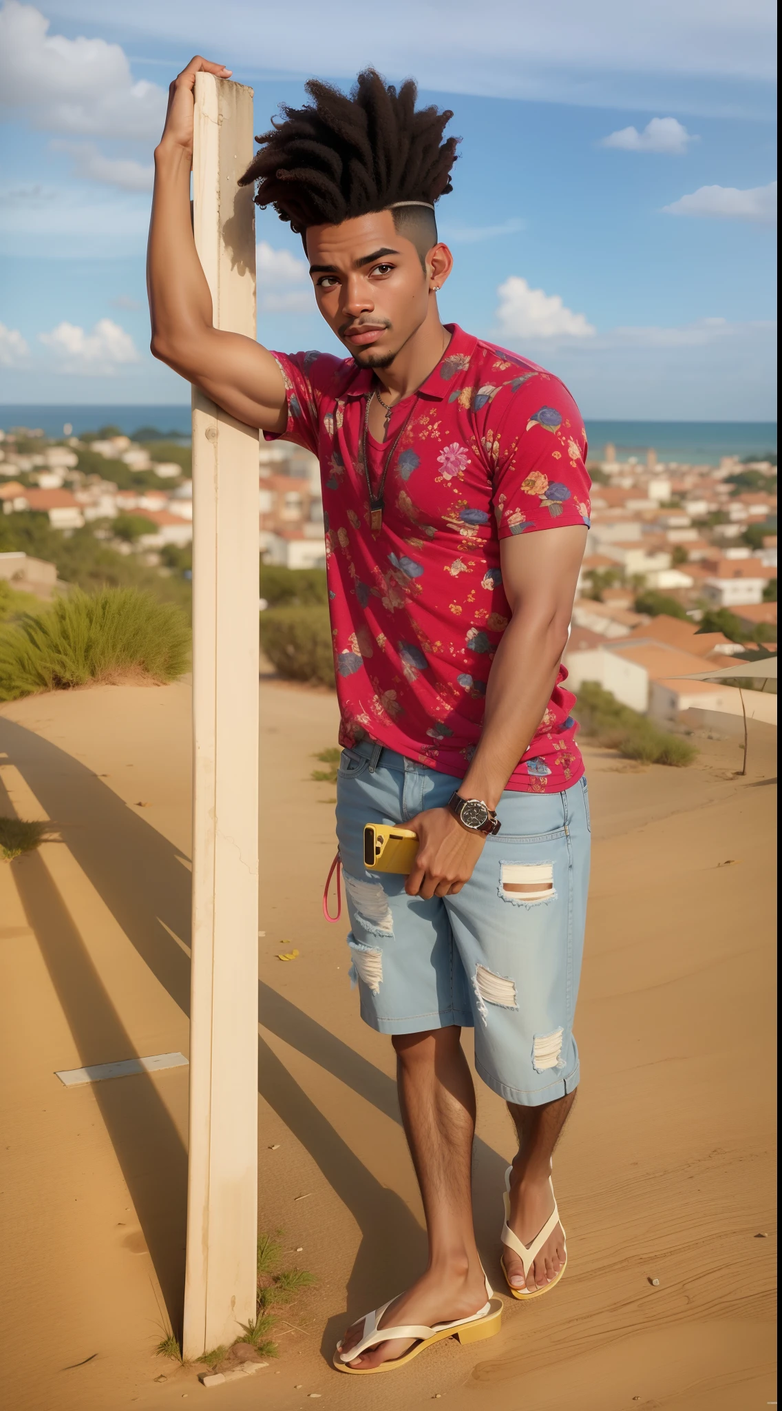 Homem de Arafed ao lado de um poste com uma cidade ao fundo, com camisa havaiana, cell phone in hand, em estilo de davey adesida, com uma pose cool, Directed by: Willian Murai, inspirado em Samuel Silva, pose estilosa, Jorge Pemba, album photo, Pose casual, Directed by: Camille-Pierre Pambu Bodo, Arik Roper, pose legal