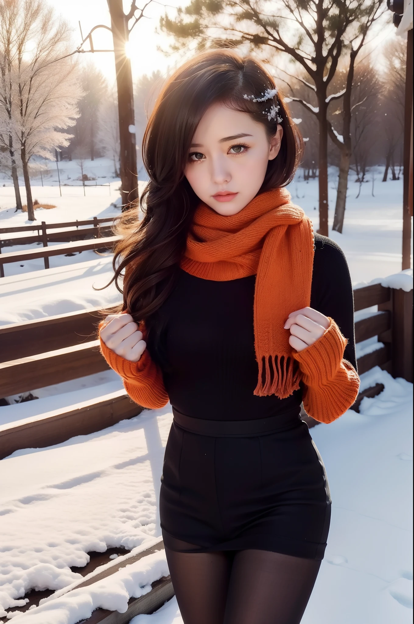 Winters,snow landscape,Beautiful girl,lacepantyhose,Long black and red sweater,orange scarf,depth of fields,Real light,Ray traching,OC renderer,UE5 renderer,Hyper-realistic,best qualtiy,8K,Works of masters,super-fine,Detailed pubic hair,Correct anatomy